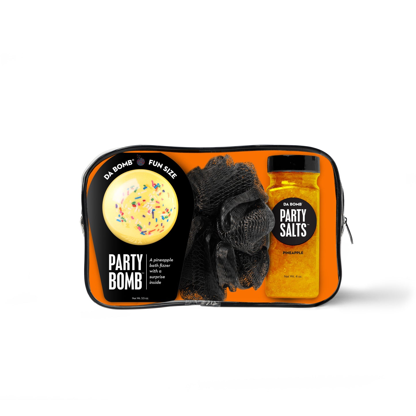 bath bomb, bath salts shot and loofah inside orange zipper gift set bag