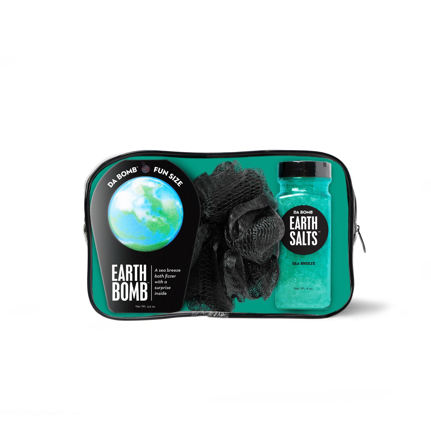 bath bomb, bath salts shot and loofah inside green zipper gift set bag