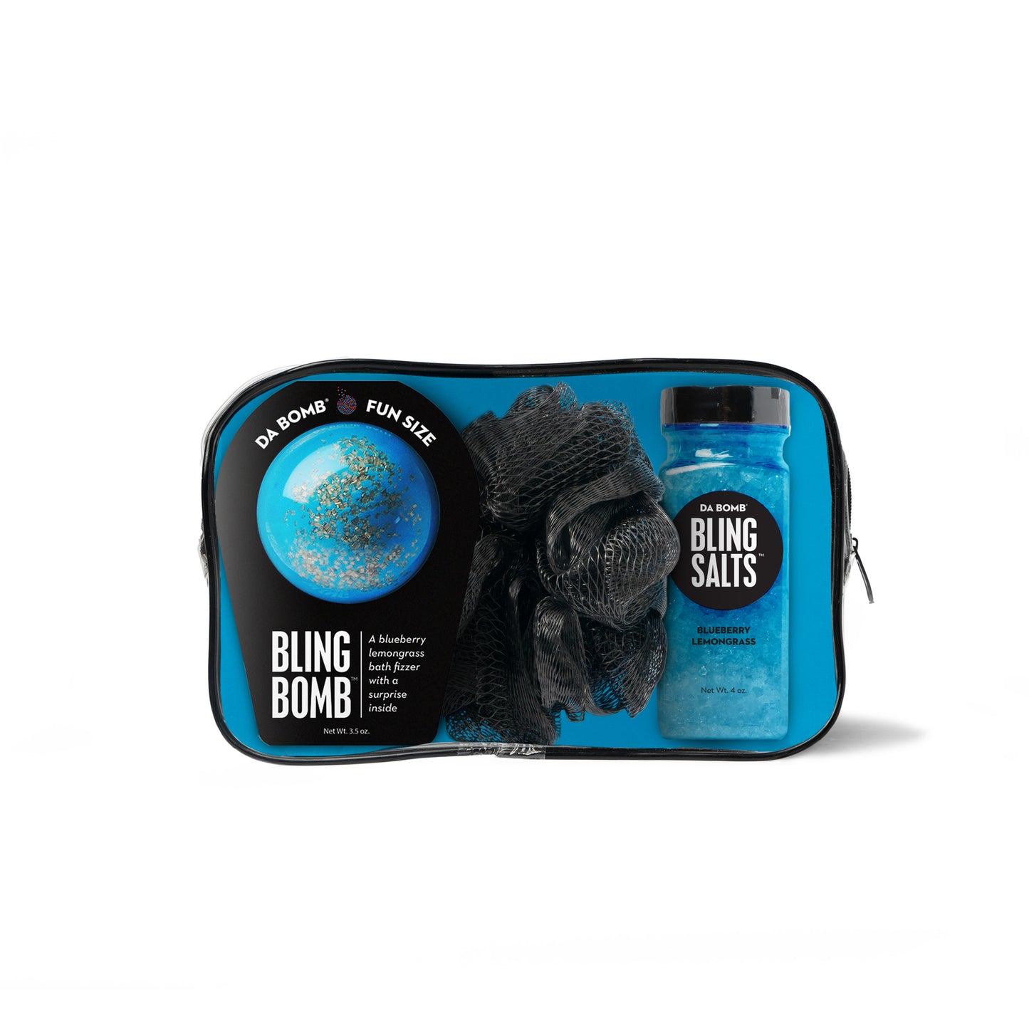 a blue da bomb gift set with bling bomb, bath salts and loofah