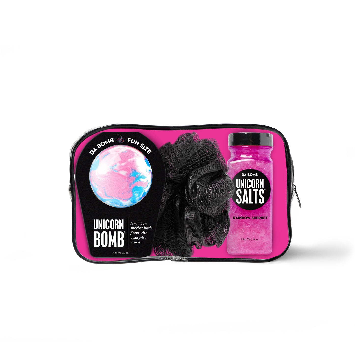 bath bomb, bath salts shot and loofah inside pink zipper gift set bag