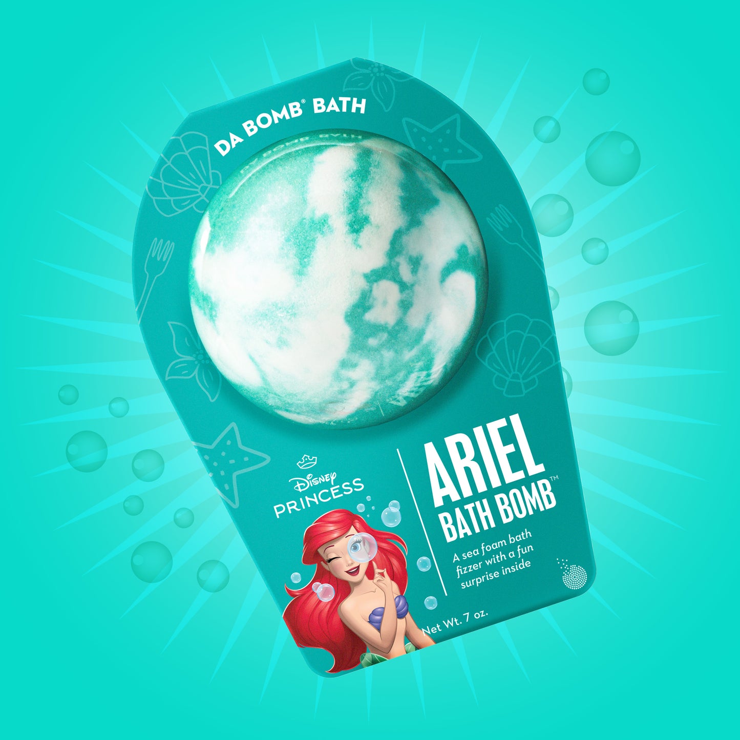 Green and white swirl bath bomb in green packaging on a patterned green background