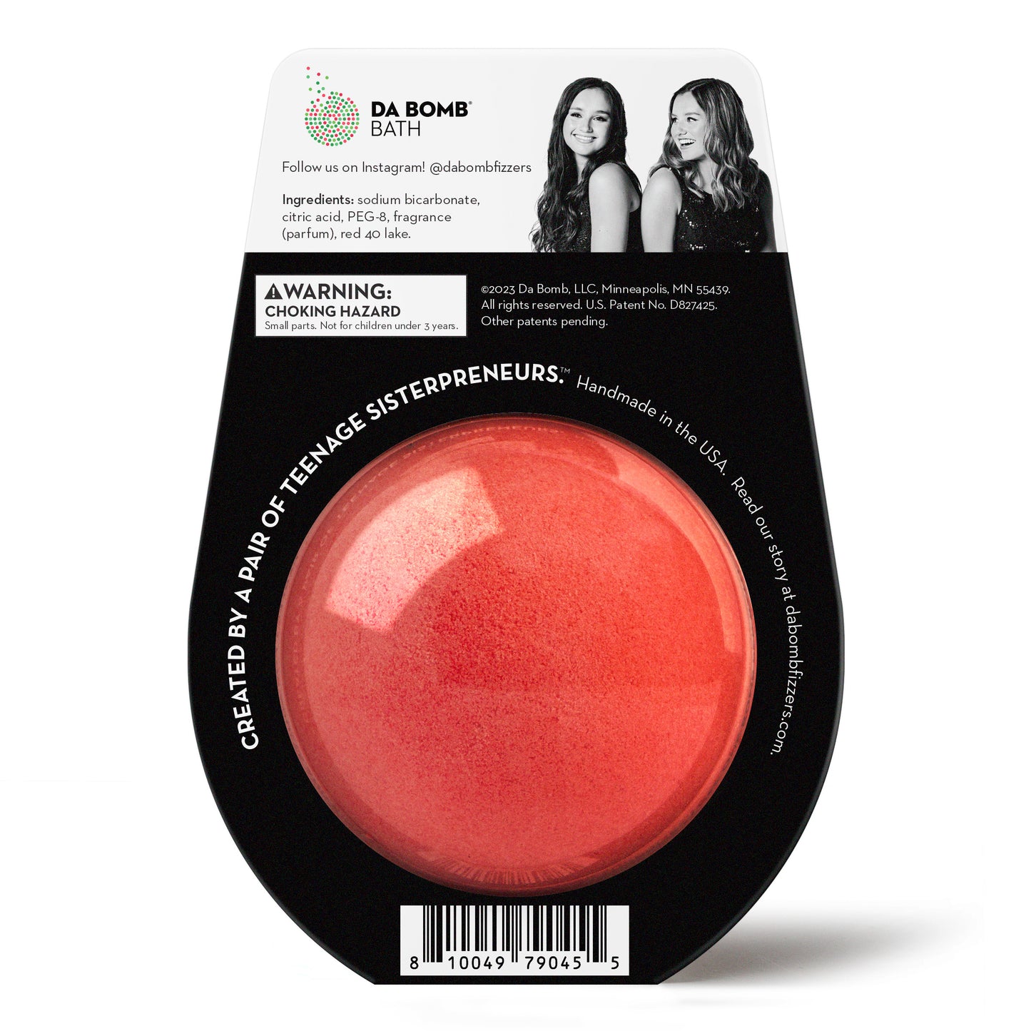 back of a red bath bomb in black packaging