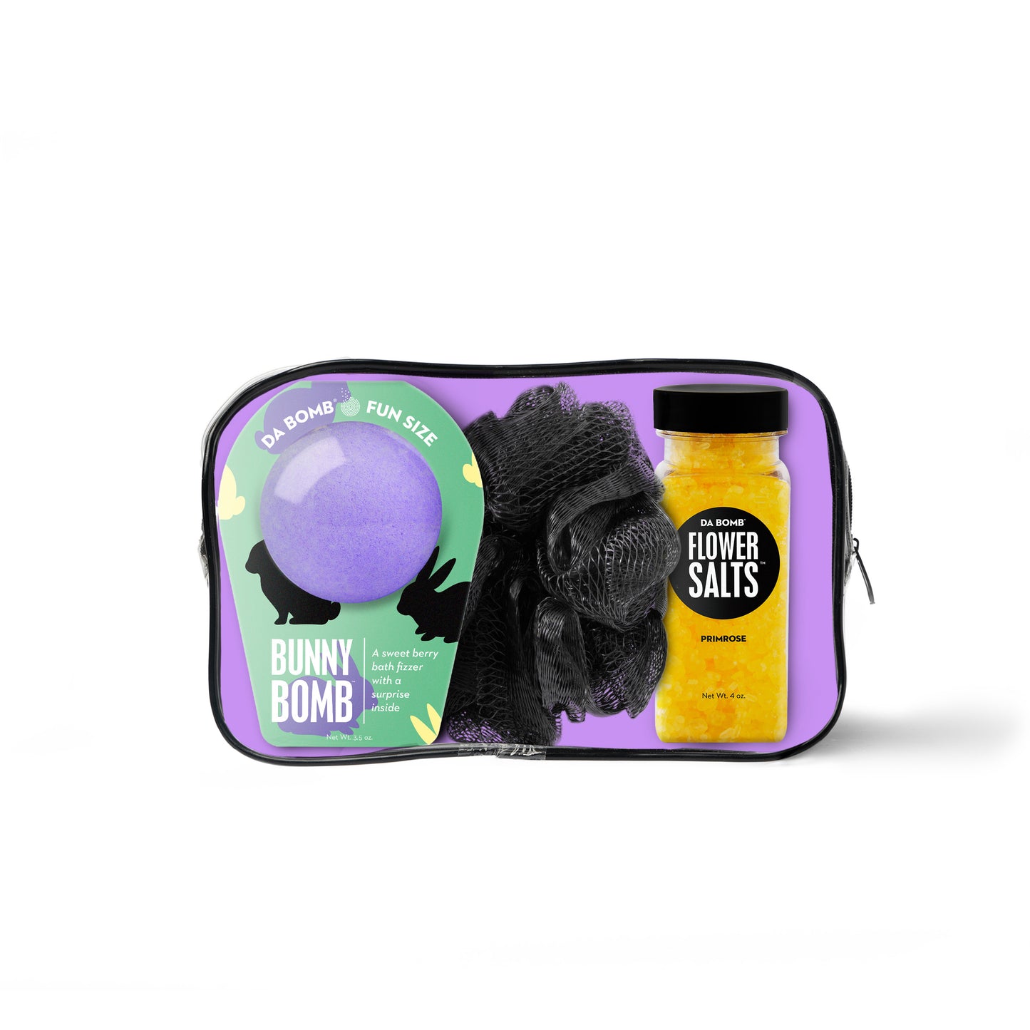 a bunny bath bomb, yellow bath salts shot and black loofah inside purple zipper gift set bag
