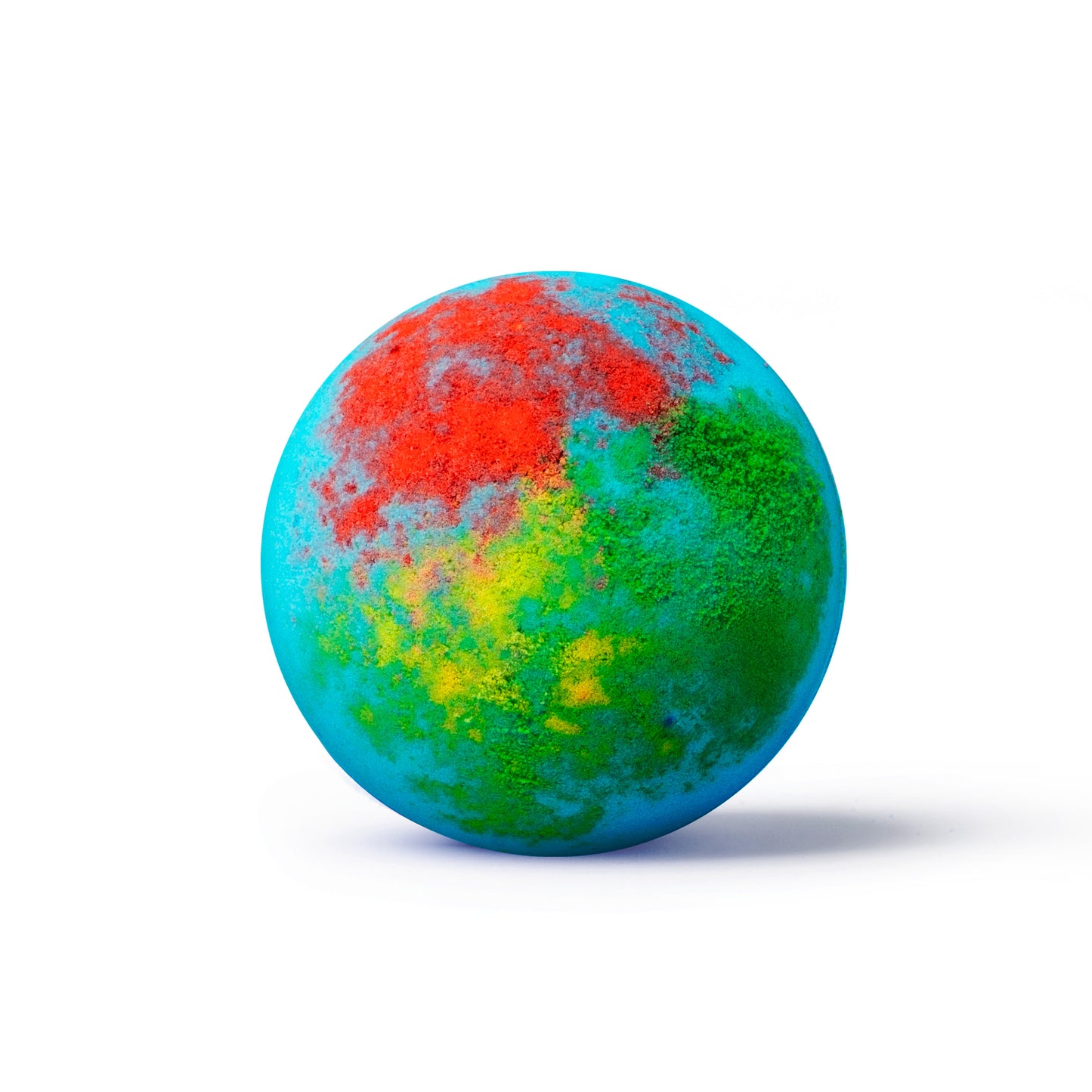 Blue bath bomb with red, yellow, and green spots on a white background with shadow