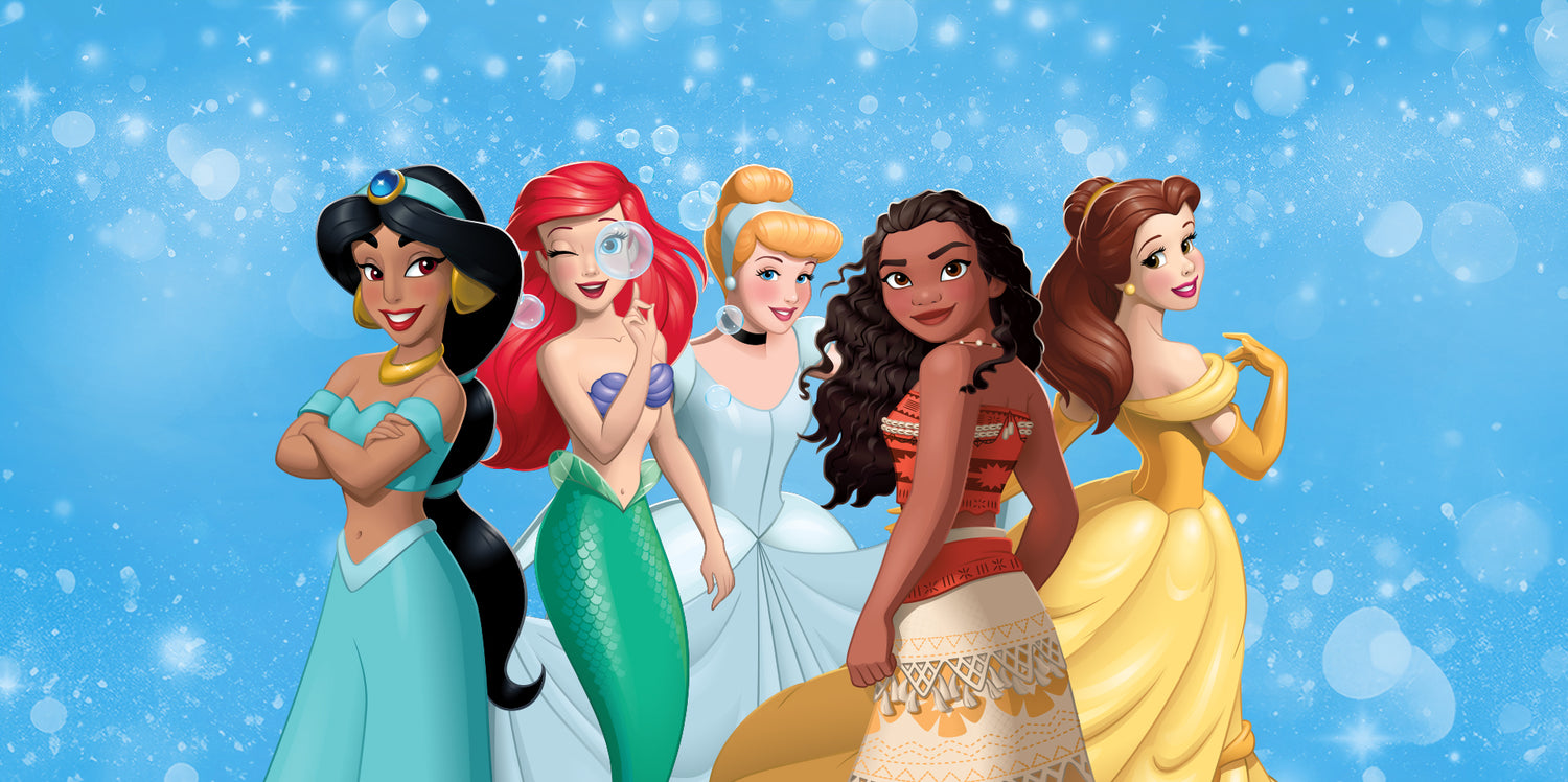 5 disney princess characters on blue background