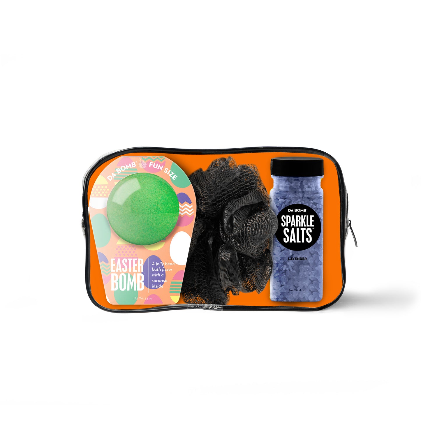 bath bomb, bath salts shot and loofah inside orange easter zipper gift set bag