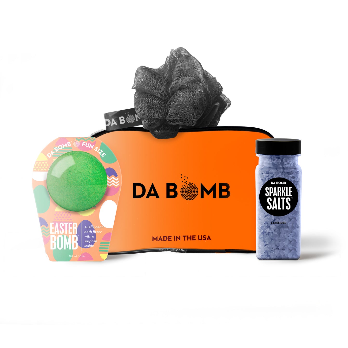 an orange easter gift set comprised of bath bomb, bath salts and loofah