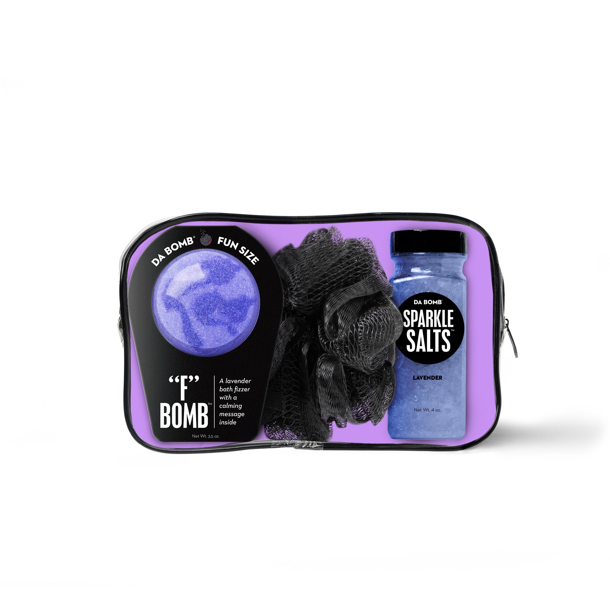bath bomb, bath salts shot and loofah inside purple zipper gift set bag