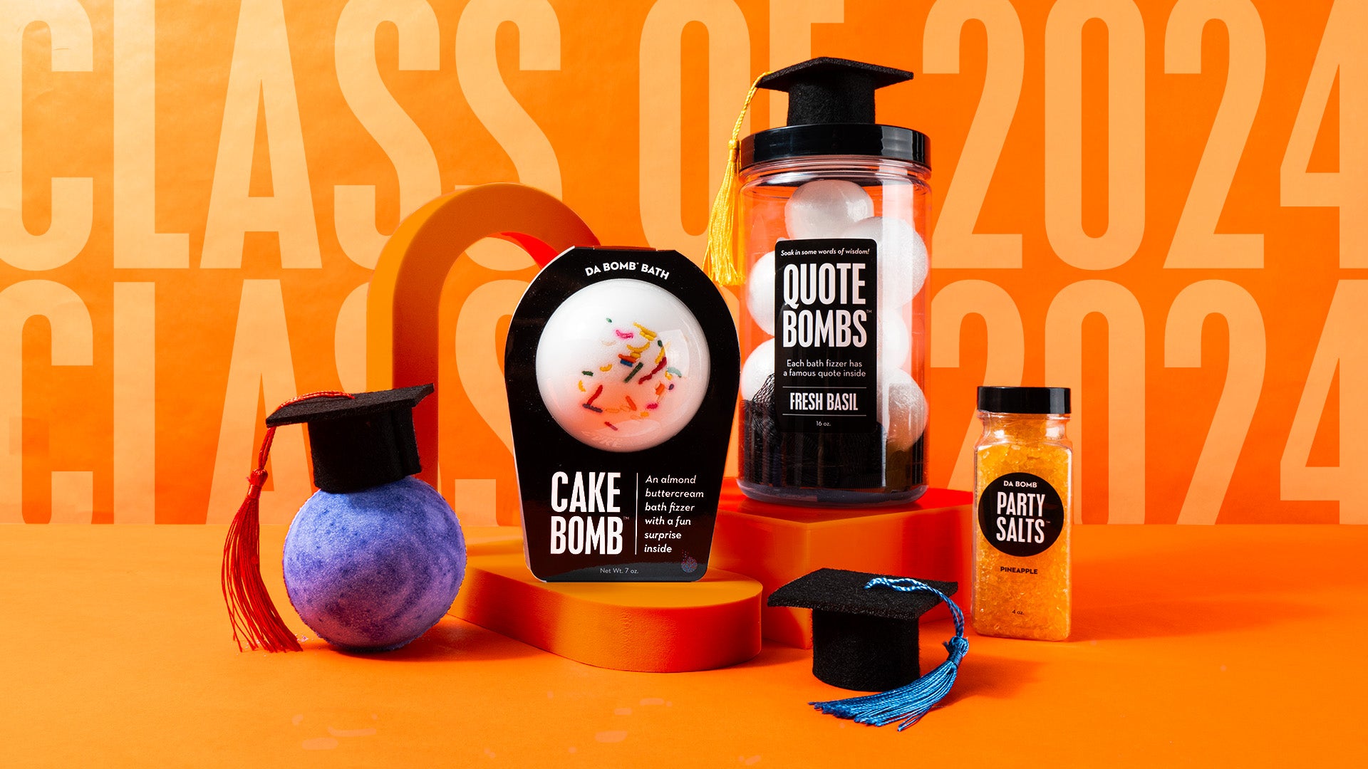 Grad gifts on and orange background with risers
