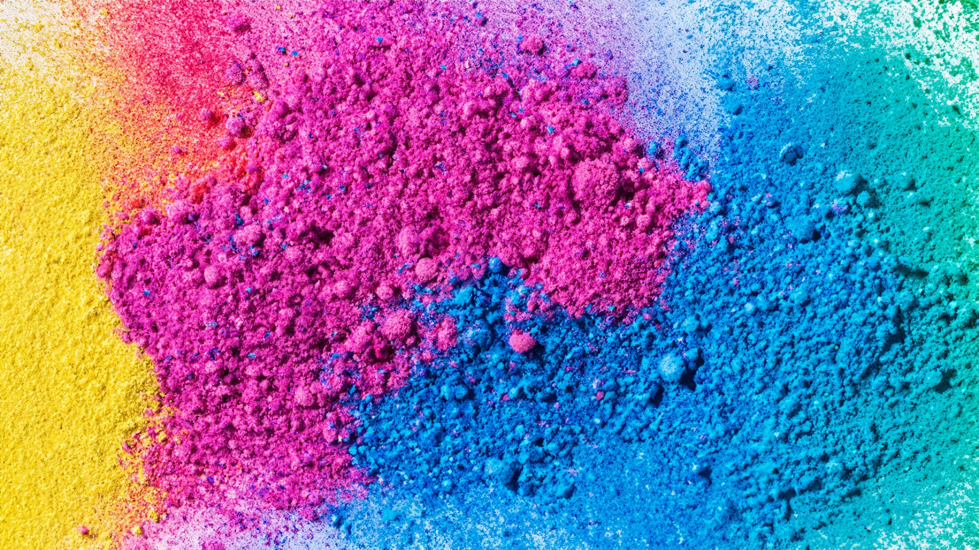 pink, blue and yellow dye powder