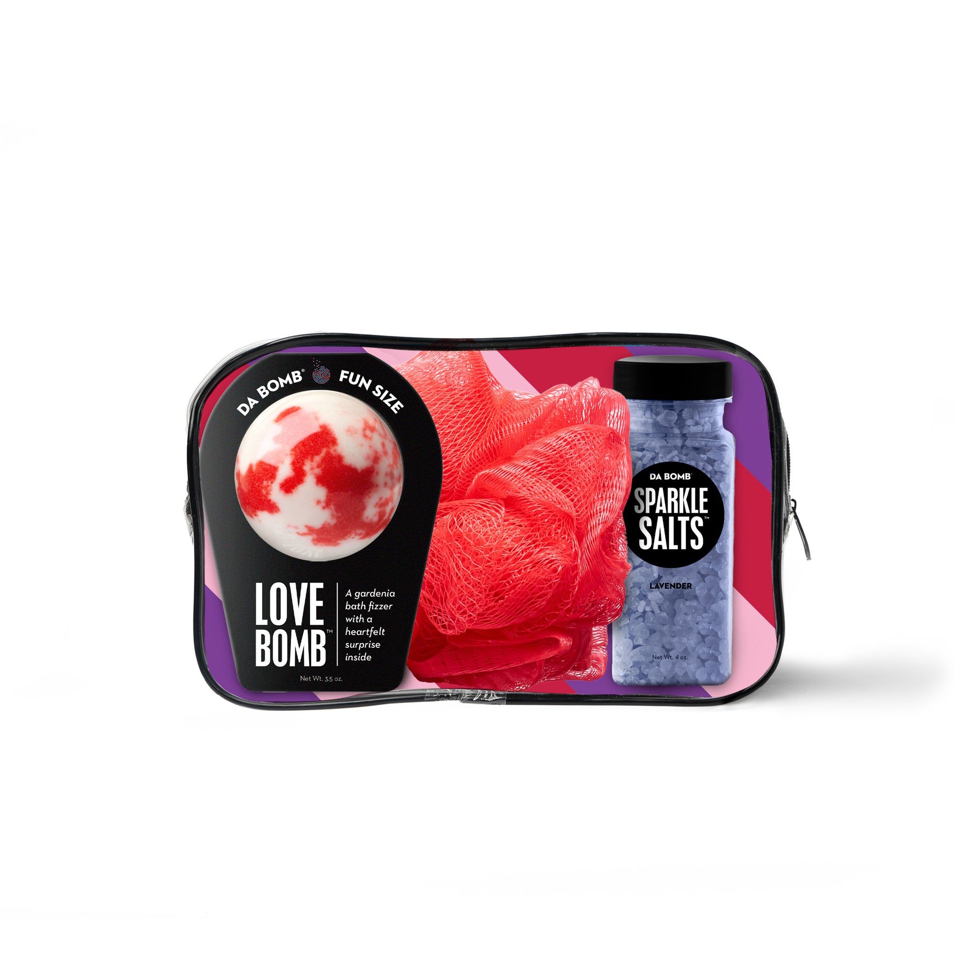 black bath bomb, purple bath salts and red loofah inside a purple, pink and red striped gift set