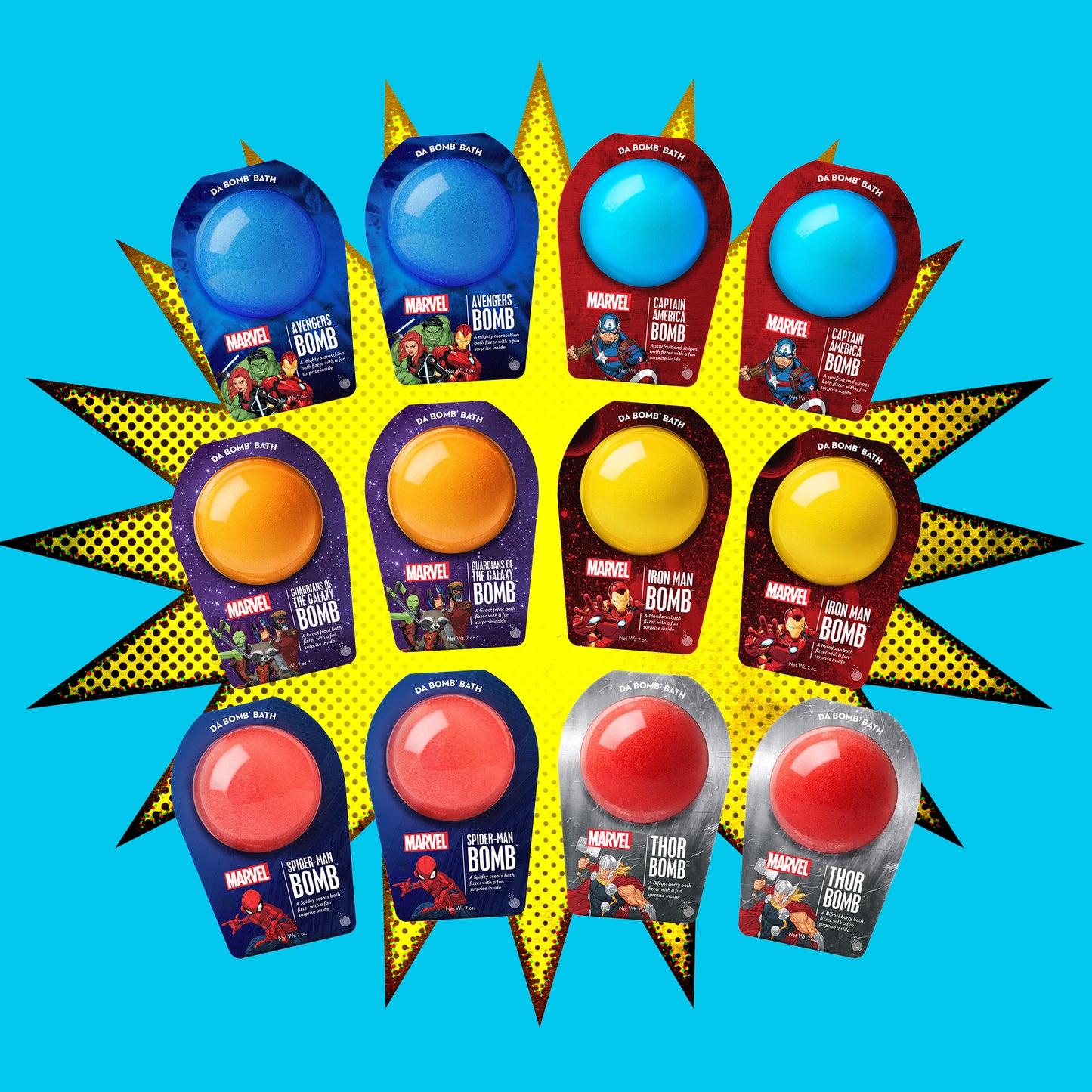 12 marvel bath bombs on a blue and yellow comic book shape background