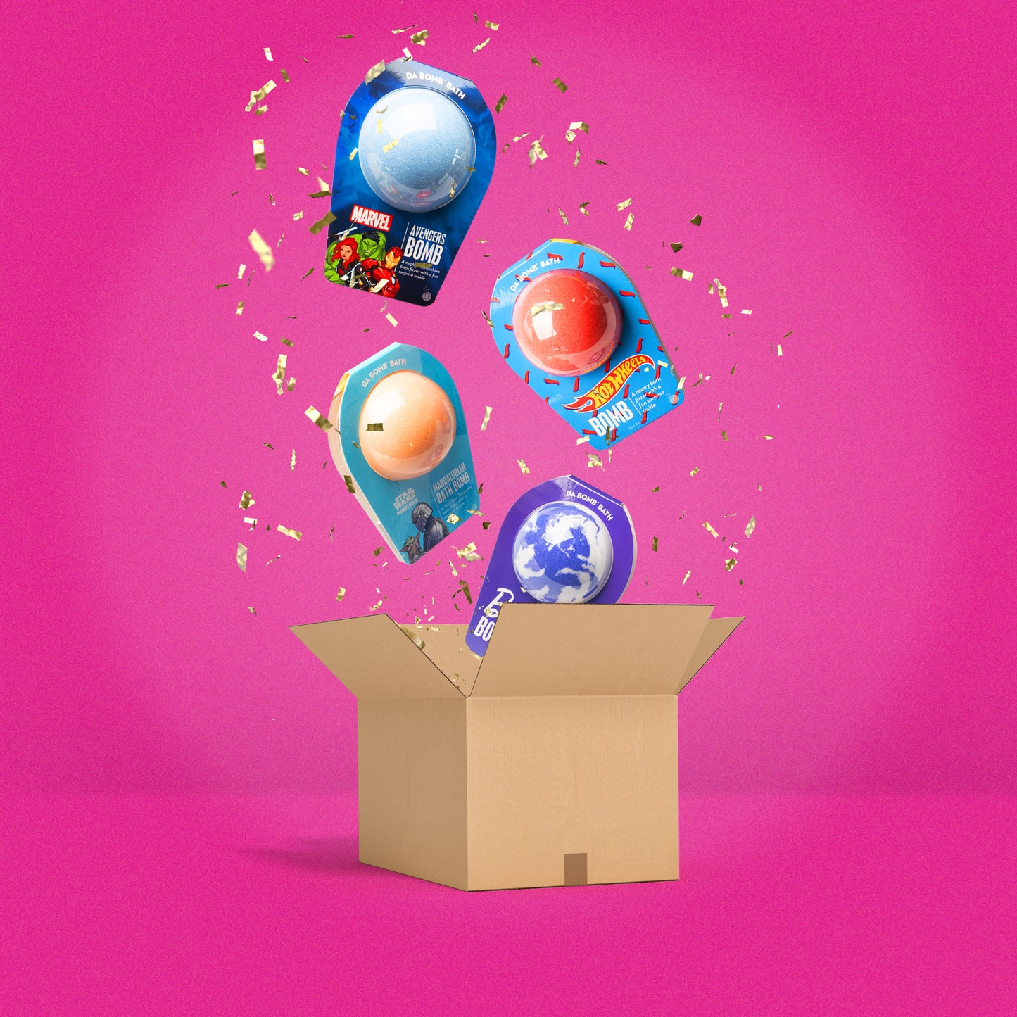 Orange, red, and blue bombs falling into a cardboard box on a pink background with yellow confetti