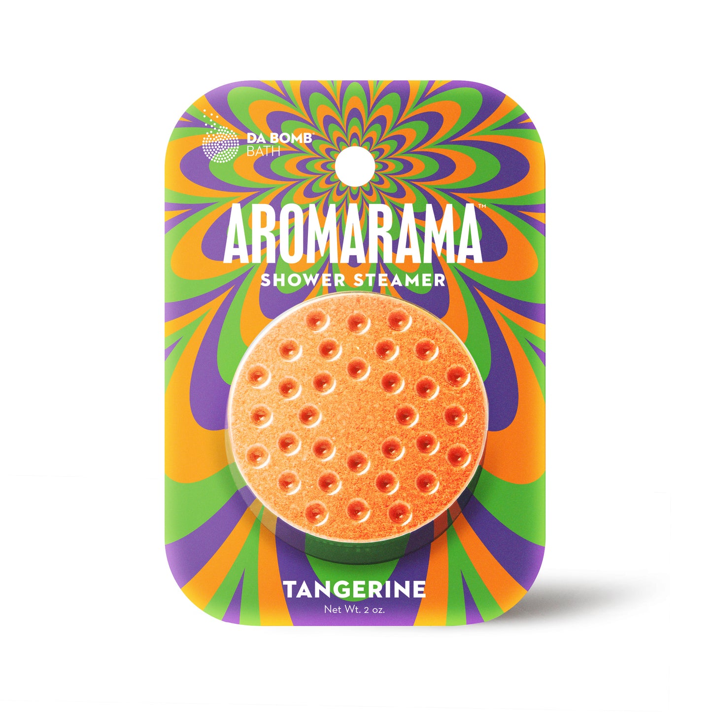 an orange shower steamer in green, purple and orange packaging