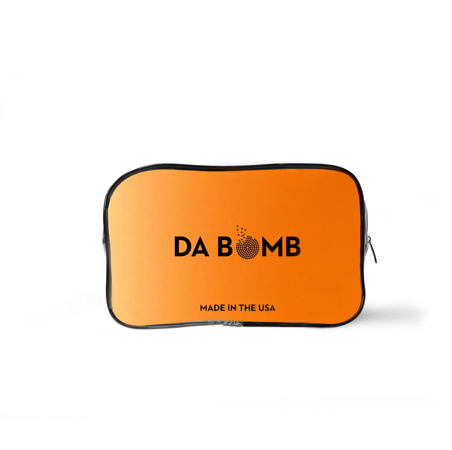 Close-up of orange Da Bomb zipper bag with black trim and “Made in the USA” text