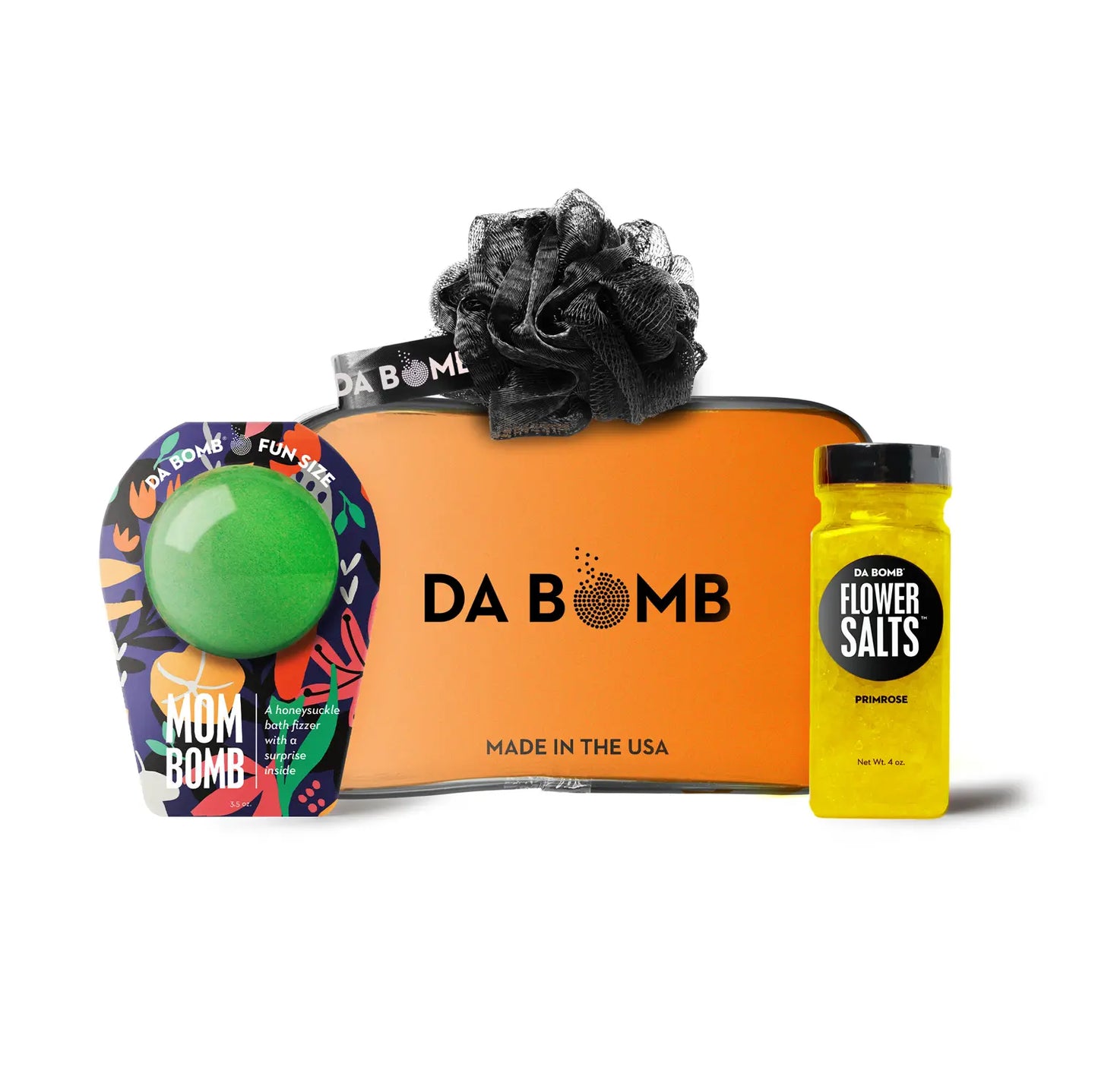 Mother’s Day gift set featuring honeysuckle Mom Bomb, Flower Salts, black loofah, and orange Da Bomb bag