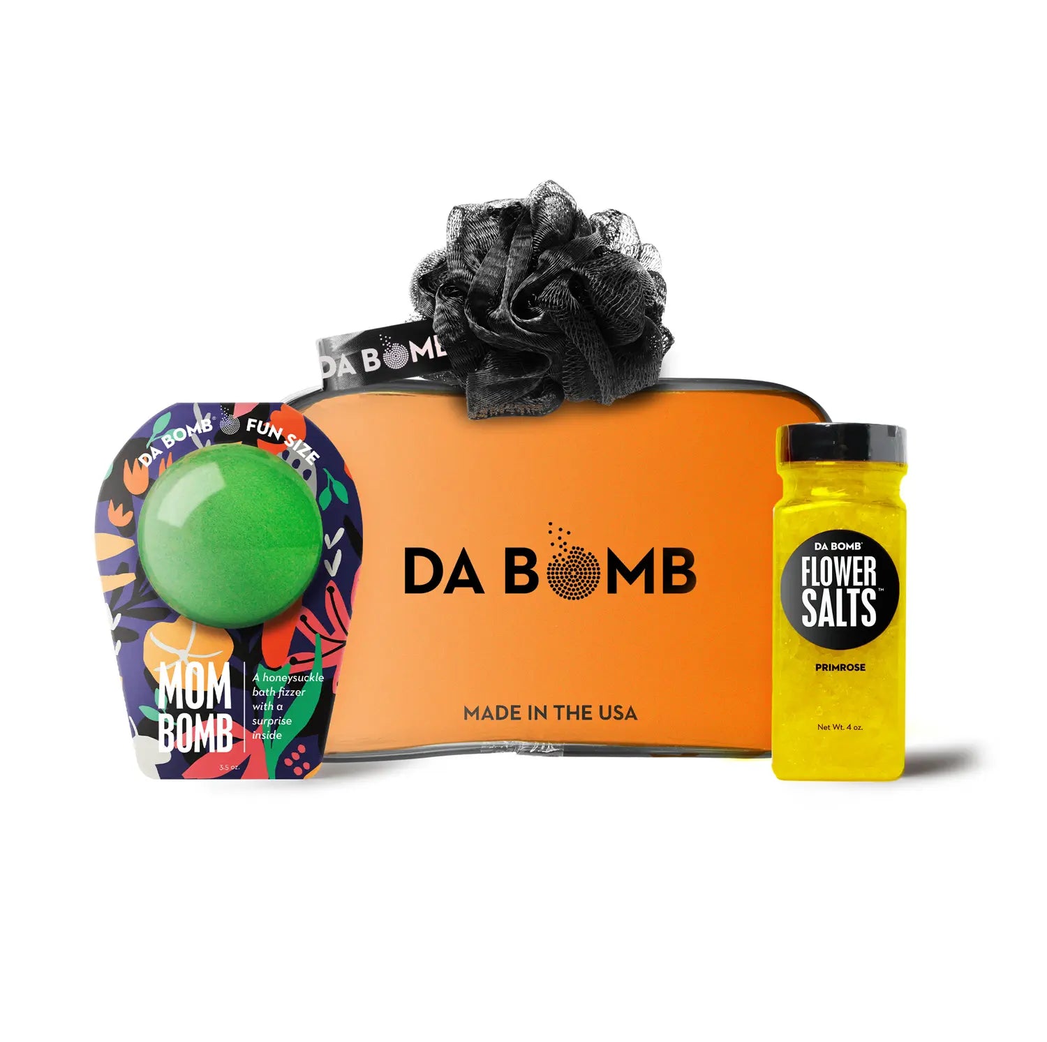 Mother’s Day gift set featuring honeysuckle Mom Bomb, Flower Salts, black loofah, and orange Da Bomb bag