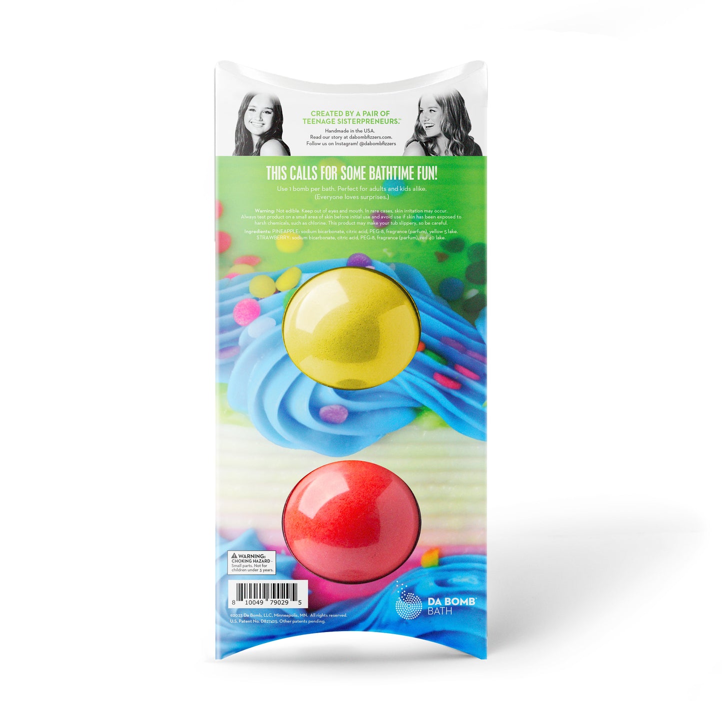 back side of a red and yellow bath bomb in a celebration themed multi-pack