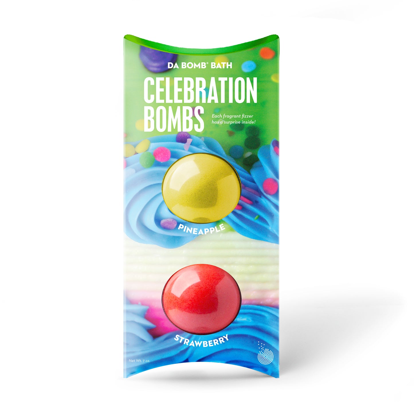 a red and yellow bath bomb in a celebration themed multi-pack