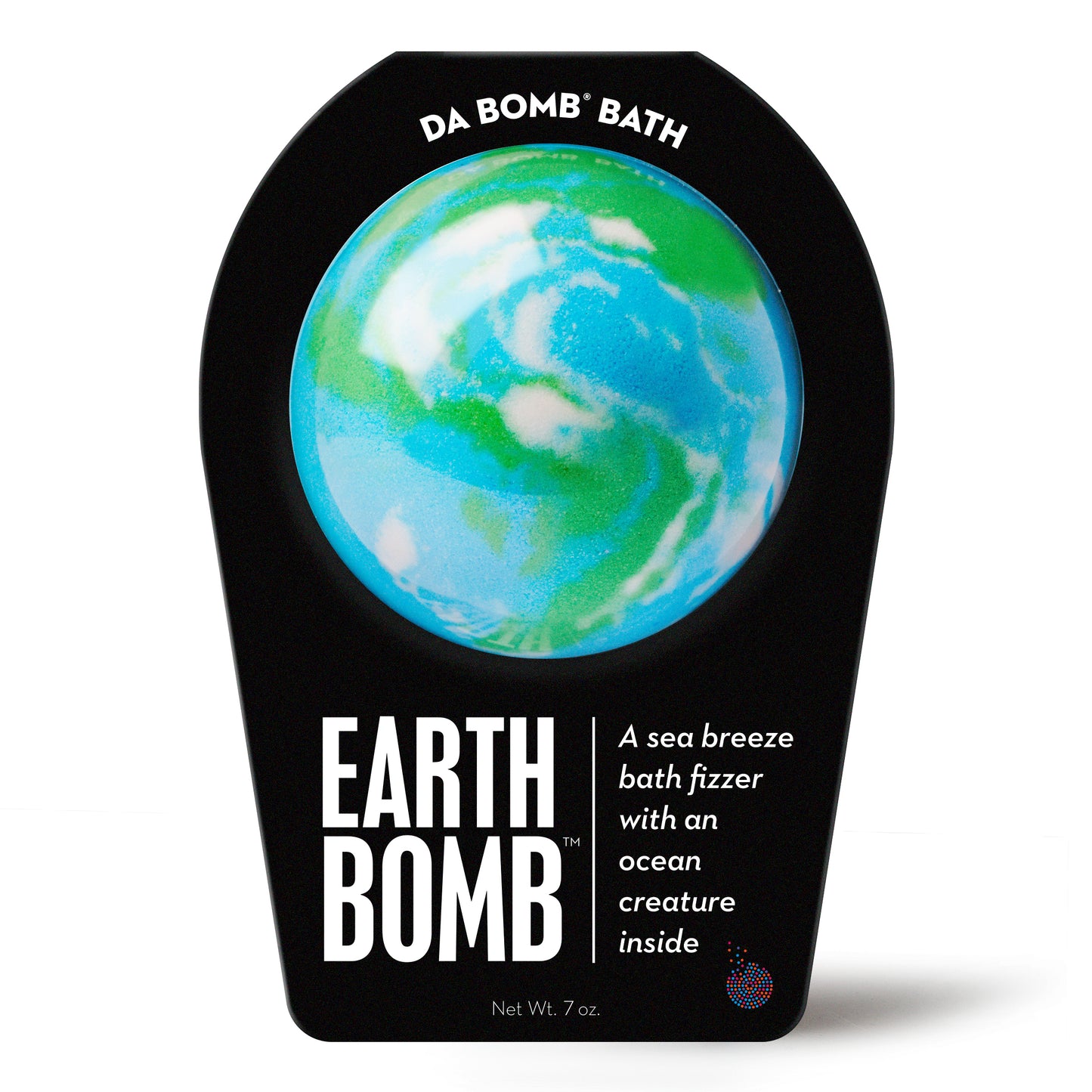 a blue, green and white bath bomb in black packaging