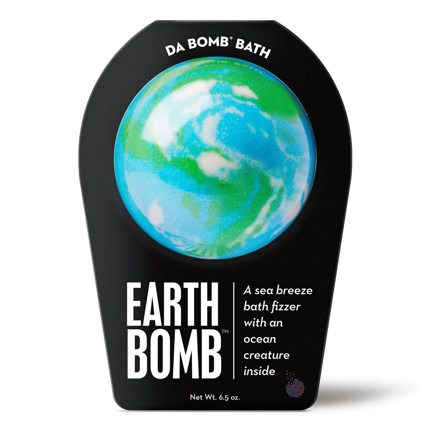 blue white earth bath bomb with green and white swirls
