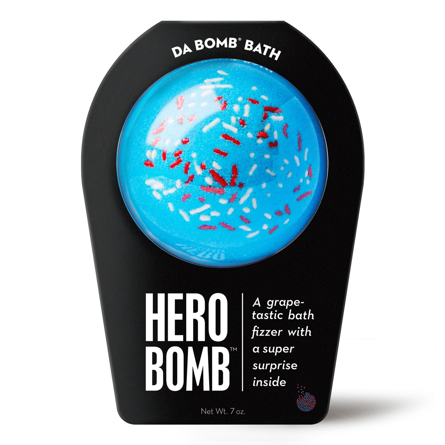 a blue bath bomb with sprinkles in black packaging