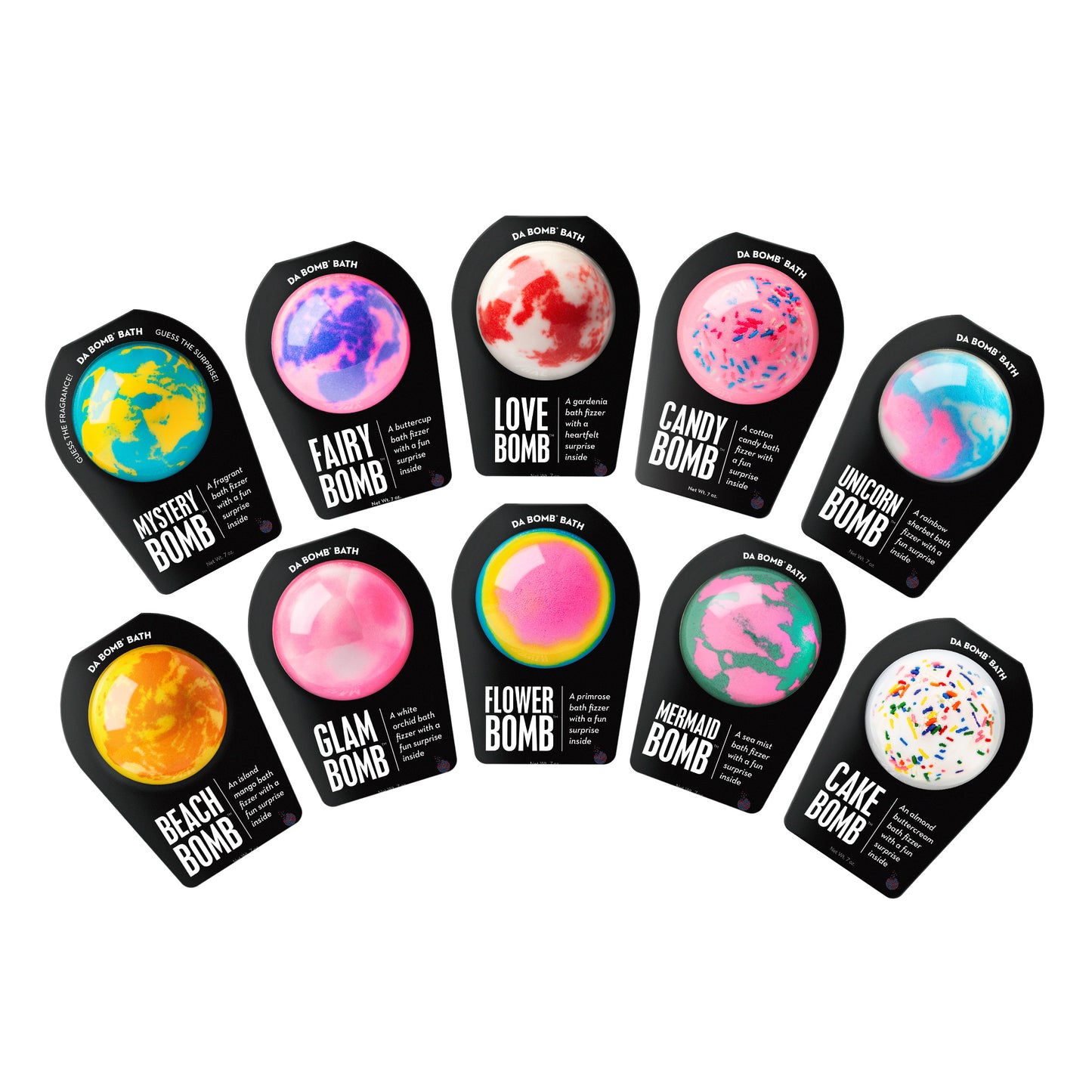 Ten various color bath bombs in black packaging fanned across a white background in two rows