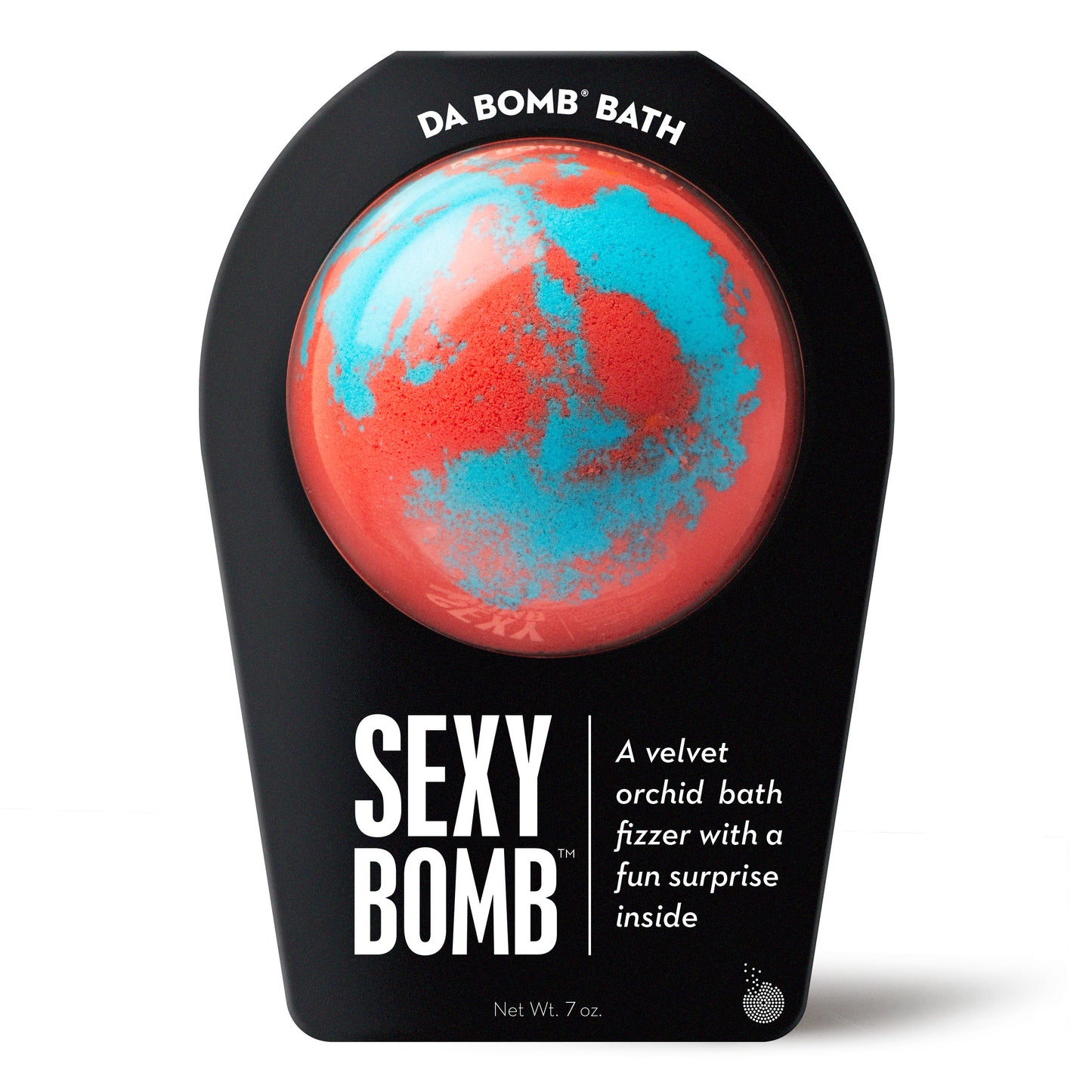 a red and blue bath bomb in black packaging