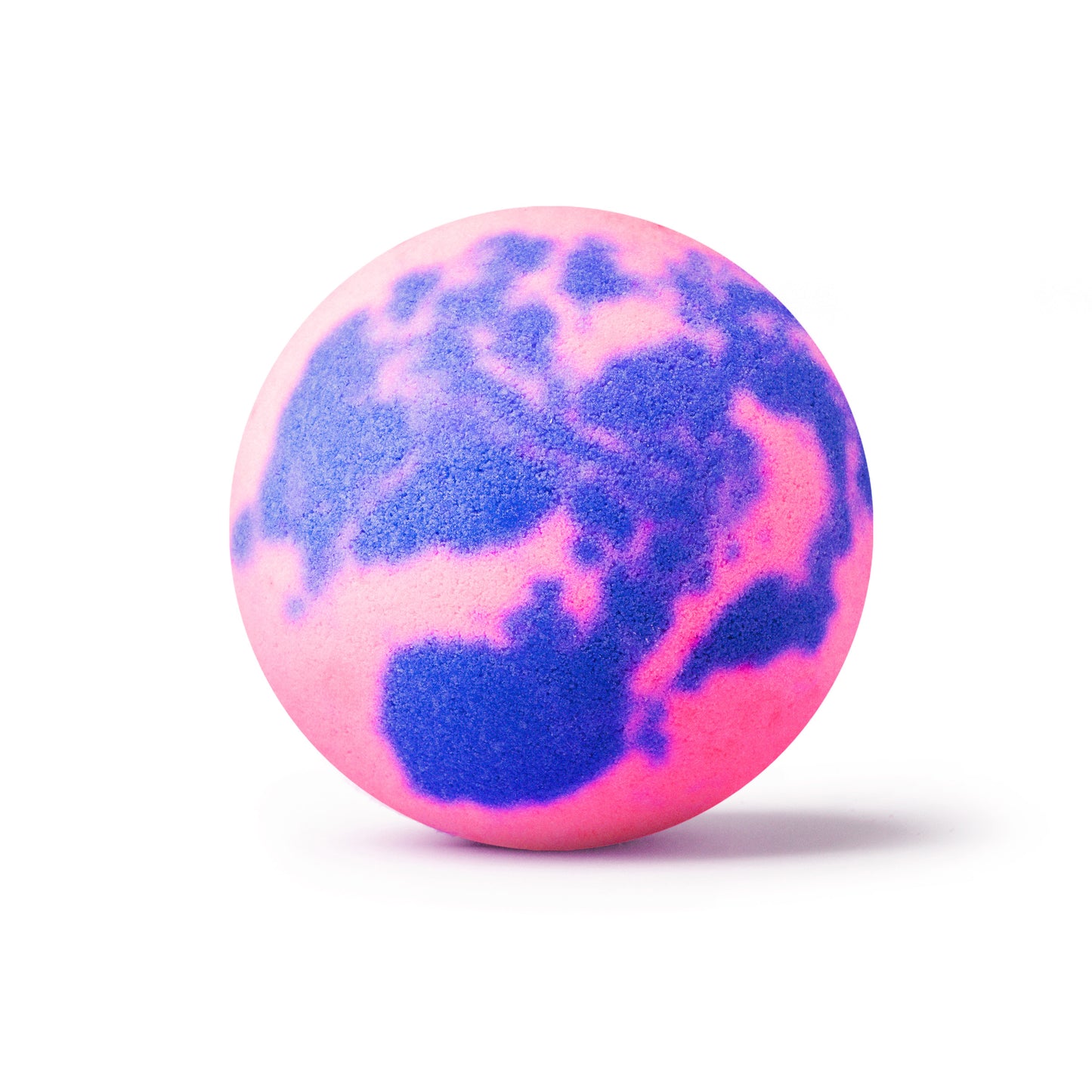 Pink and purple swirl bath bomb on a white background with shadow