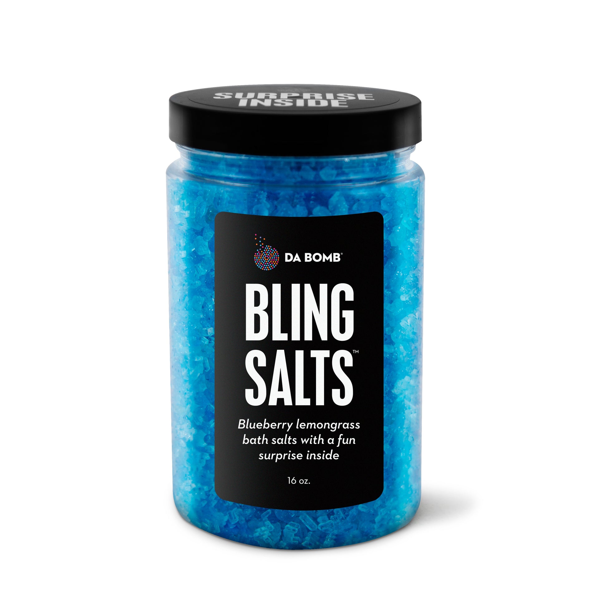 lear plastic jar filled with blue bath salt that smells like blueberry lemongrass