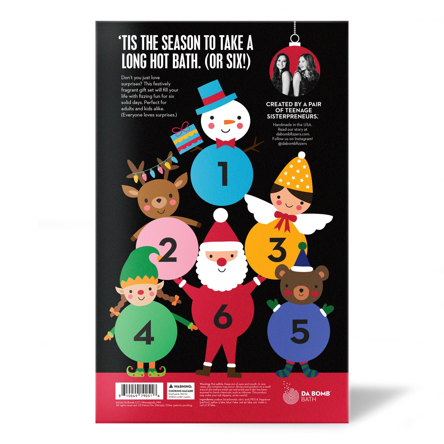 back product photo of bath bomb advent calendar with 6 holiday characters