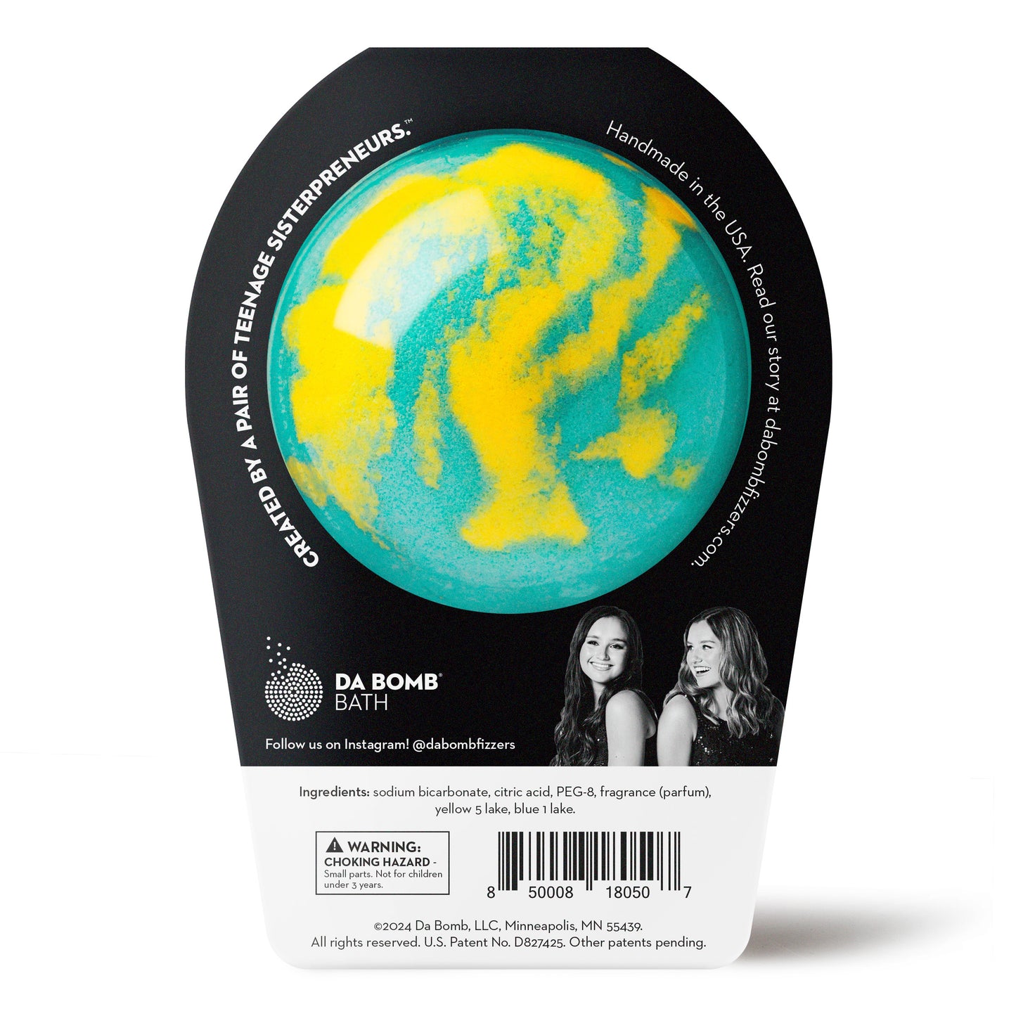 back of yellow and teal da bomb bath bomb