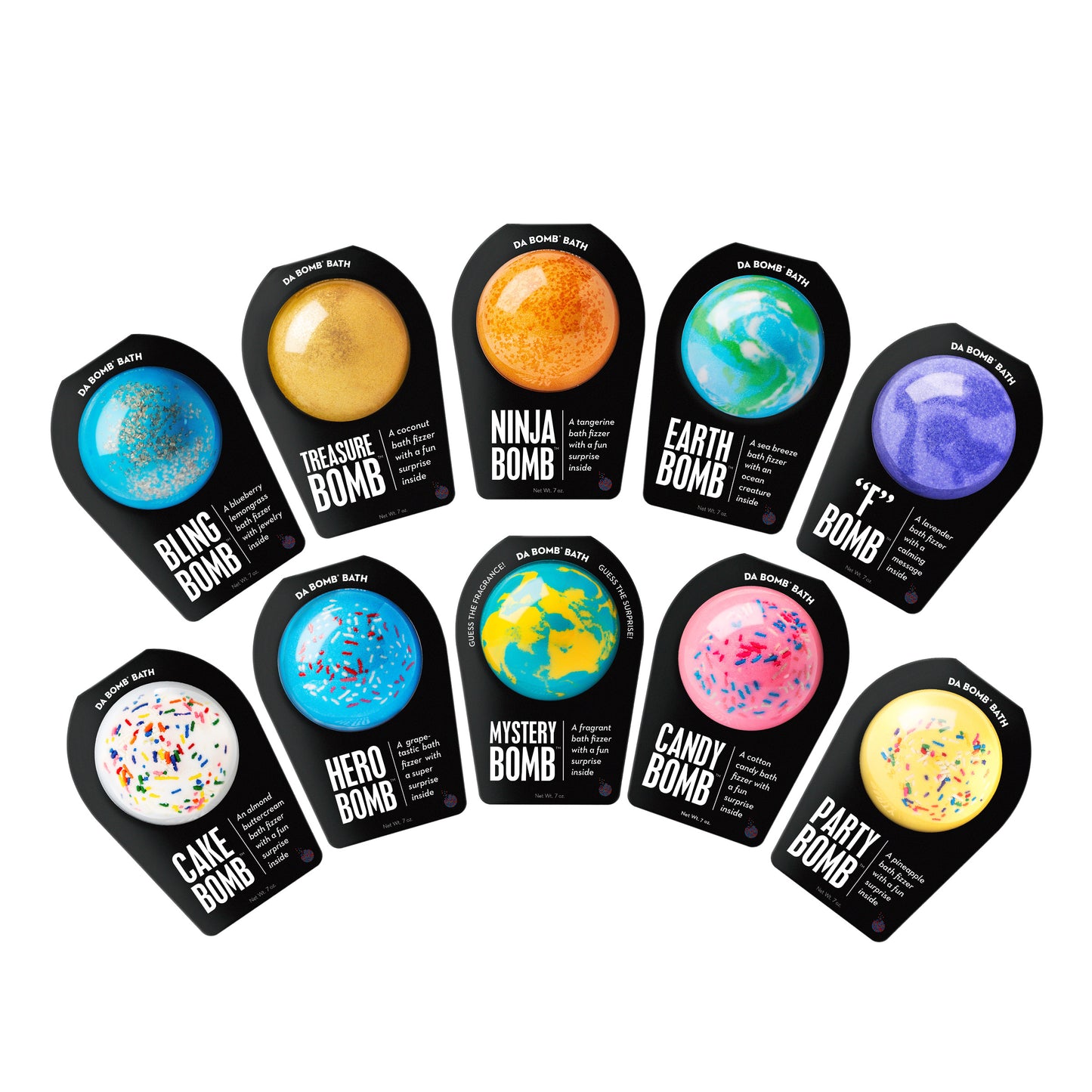 10 bath bombs in black packaging in arch shape on white background in