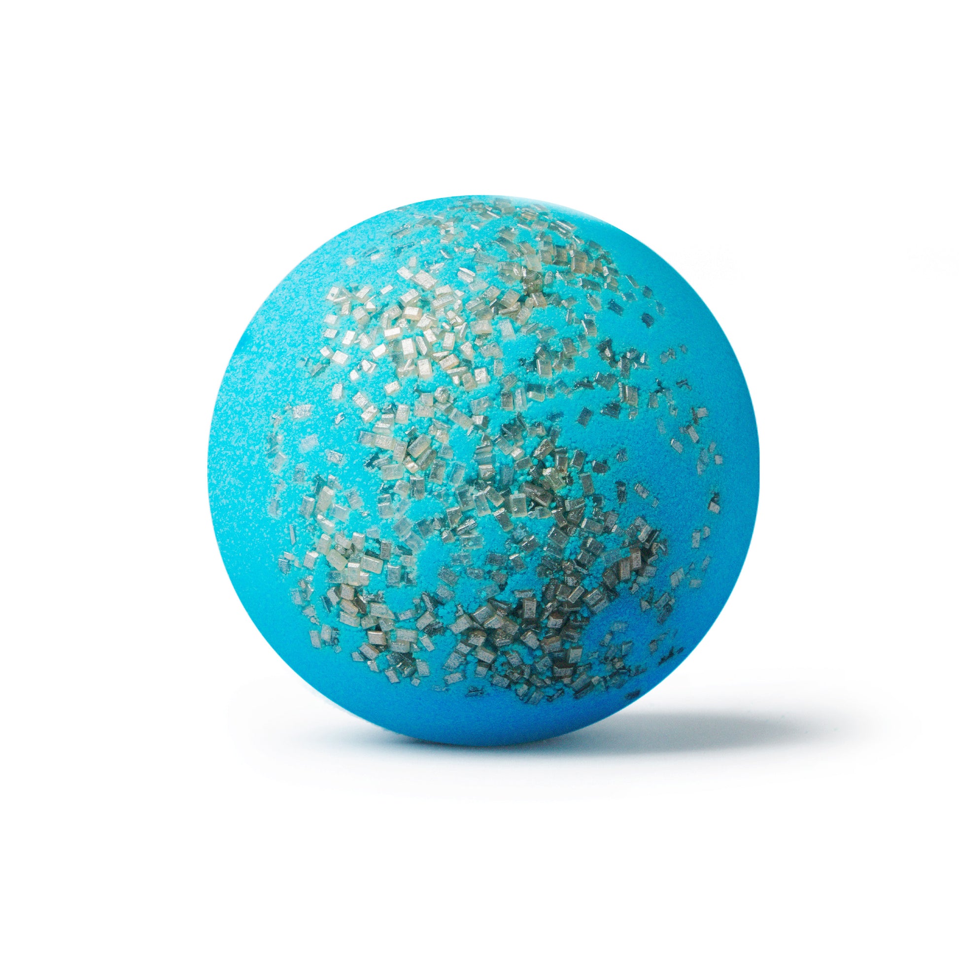 a blue bath bomb with silver sprinkles