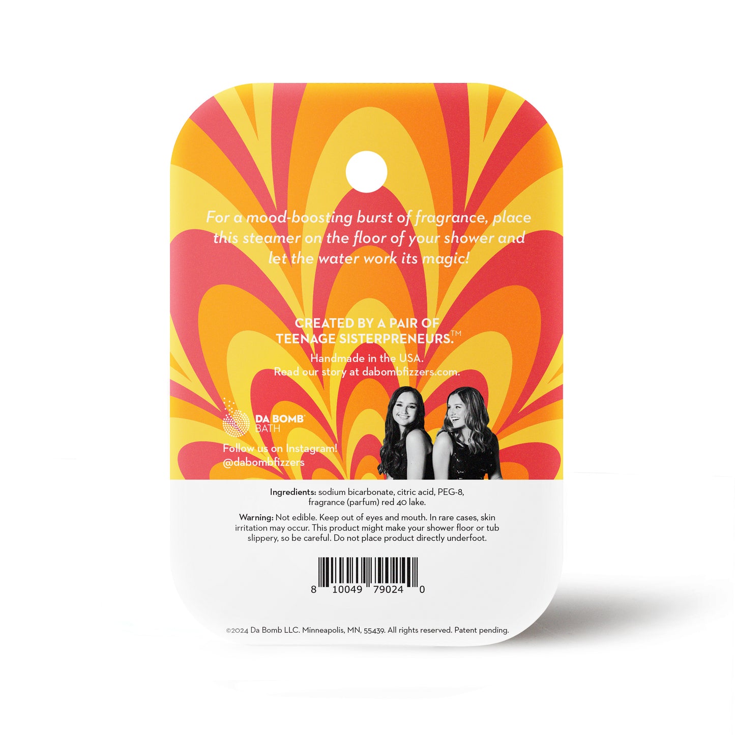 back of a red sandalwood shower steamer in red and yellow packaging