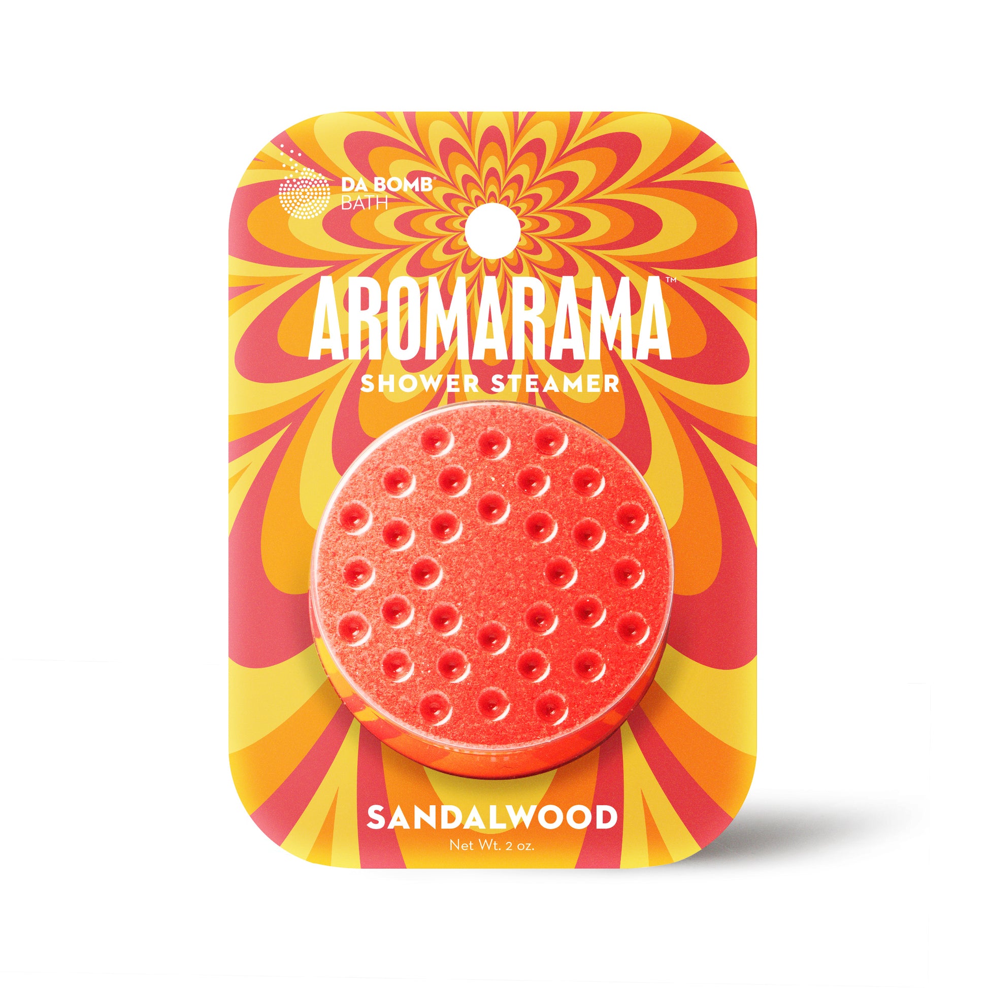 a red sandalwood shower steamer in red and yellow packaging