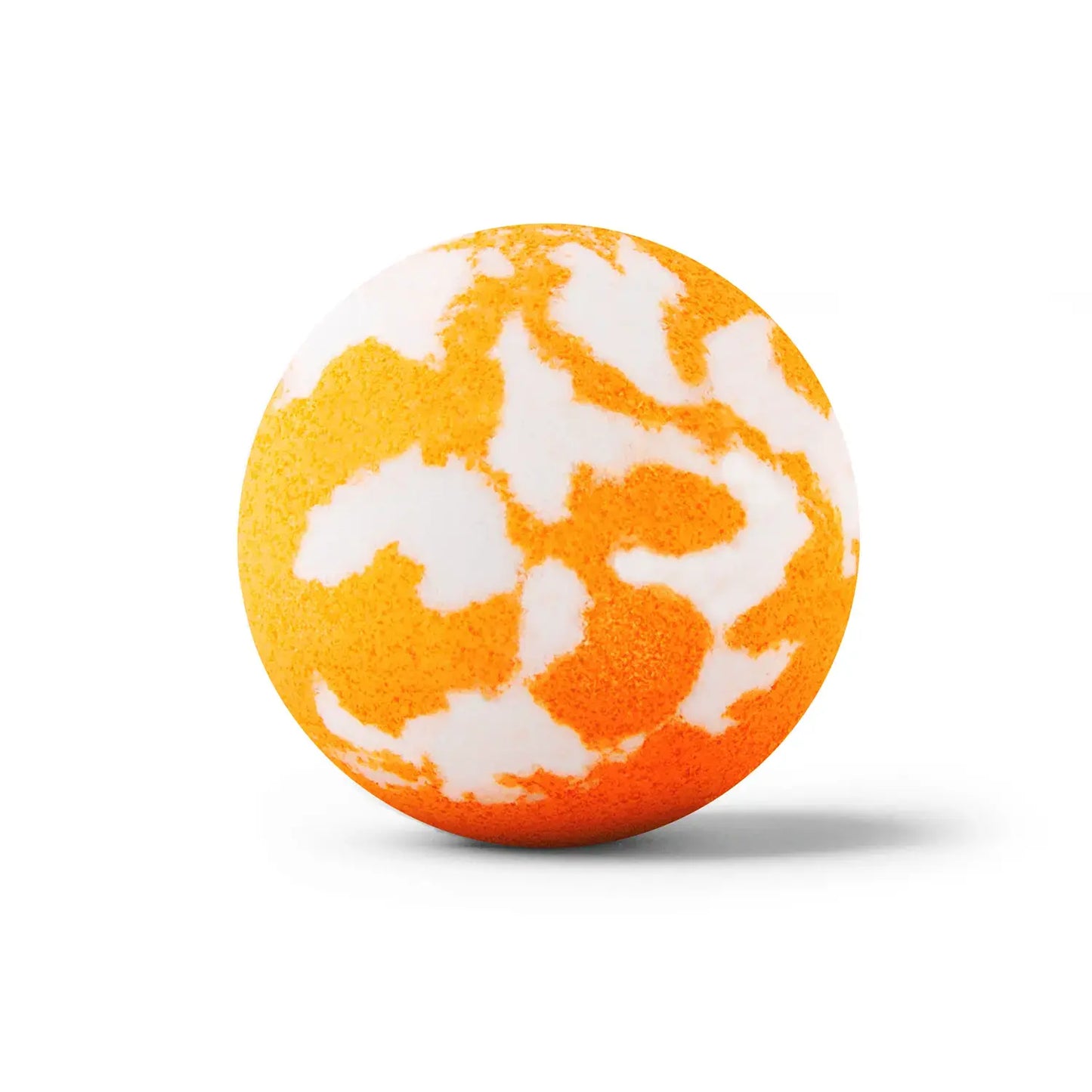 Close-up of Da Bomb Bath Sporty Bomb bath bomb — round orange and white fizzer with marbled pattern