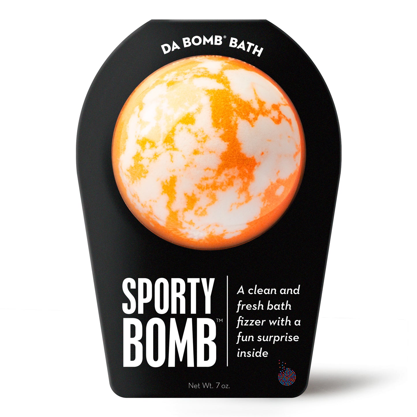 an orange and white bath bomb in black packaging