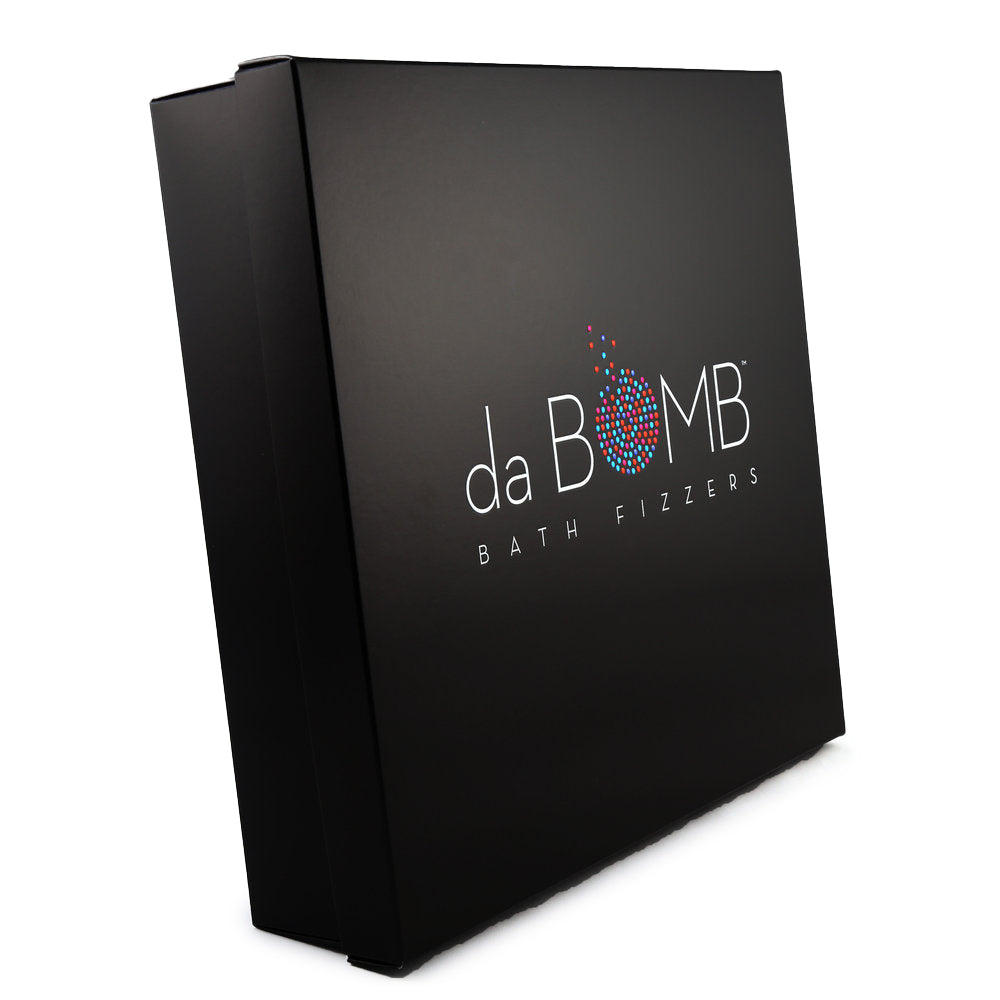 Black gift box with "Da Bomb" logo on the lid