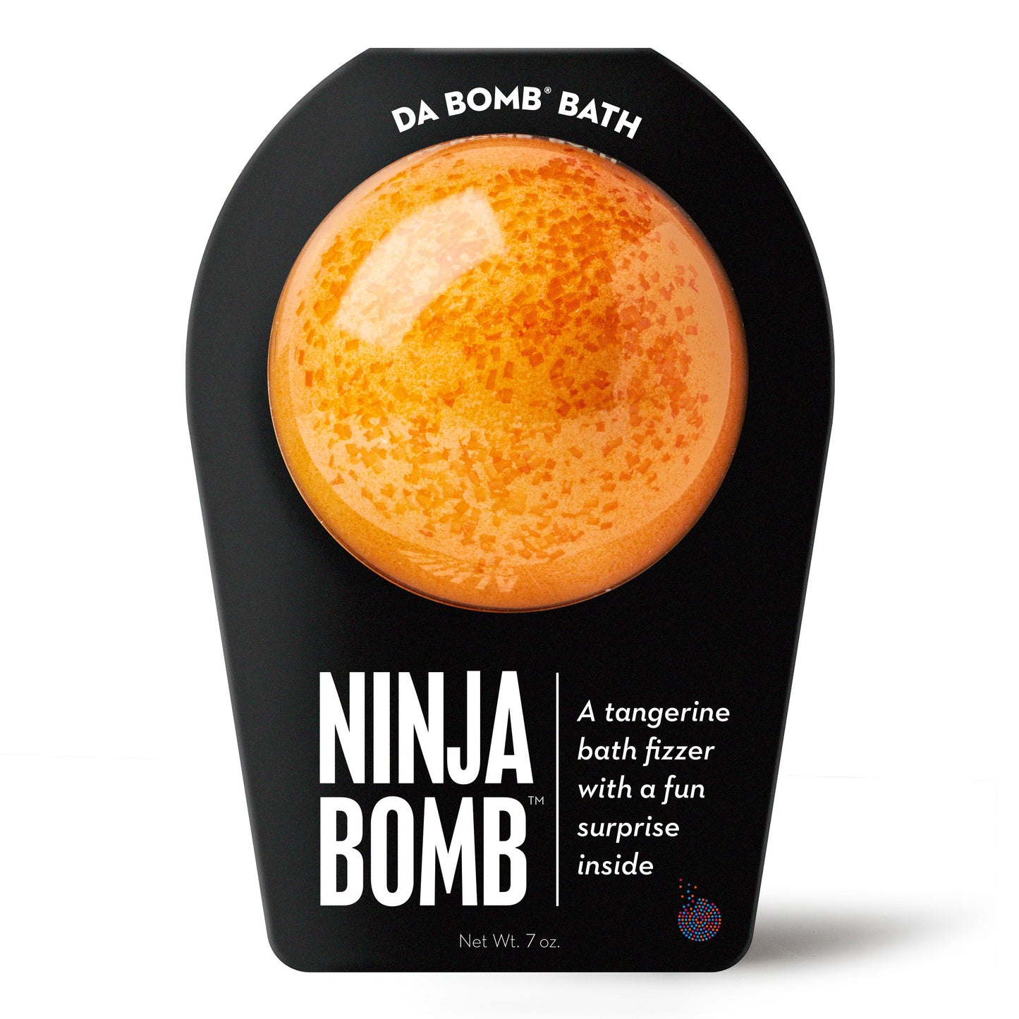 an orange bath bomb in black packaging
