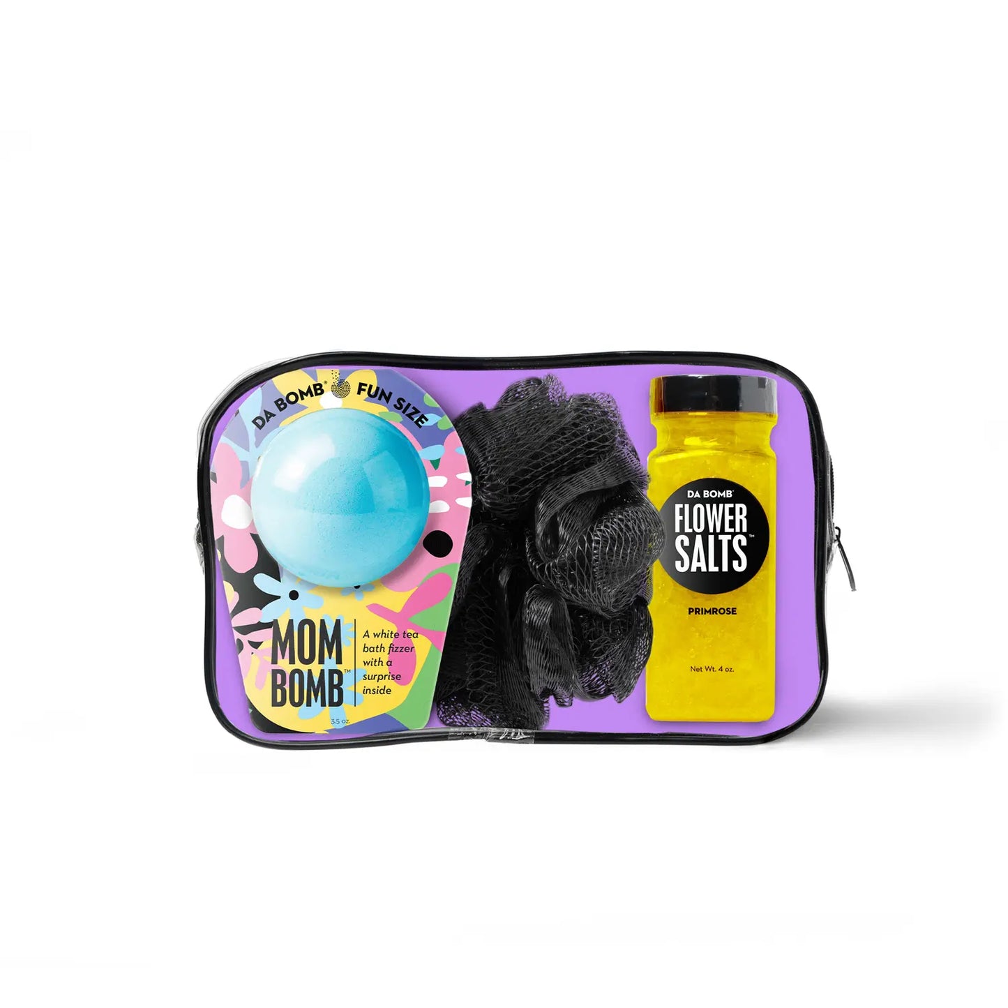 Da Bomb gift set with white tea Mom Bomb, black loofah, and Primrose Flower Salts packed in a clear purple zipper bag