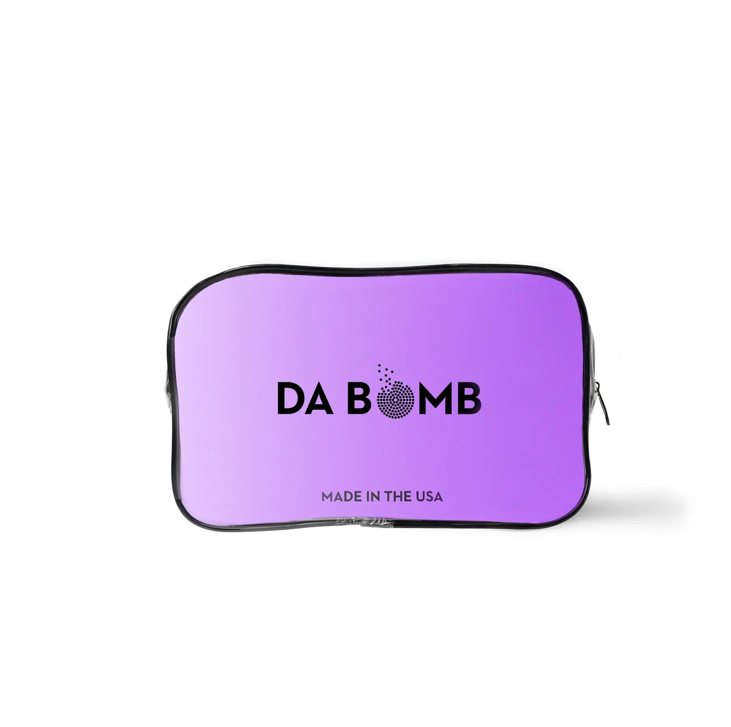 Close-up of purple Da Bomb toiletry bag with black trim and “Made in the USA” printed on the front