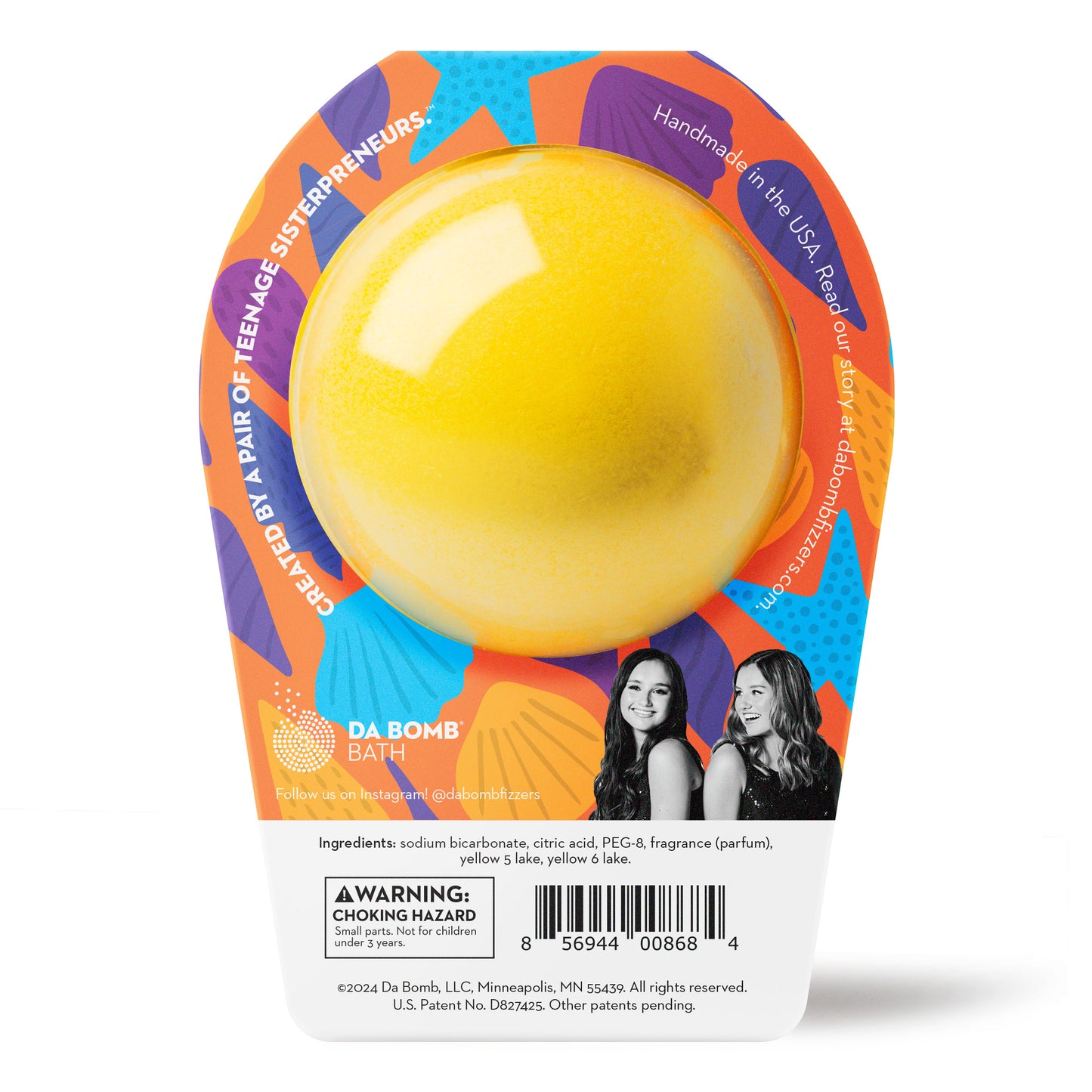 an orange and yellow bath bomb in orange shell pattern packaging 