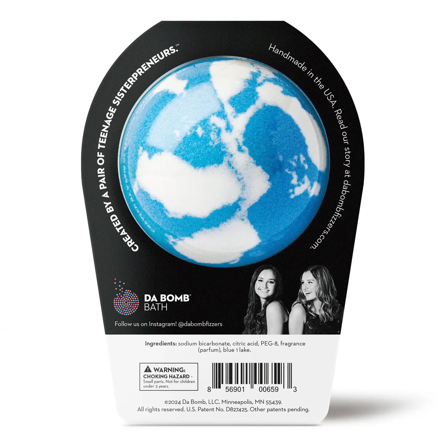 Back of Da Bomb Dragon Bomb packaging showing blue and white bath bomb, ingredients list, barcode, warning label, and images of the teenage sister founders.