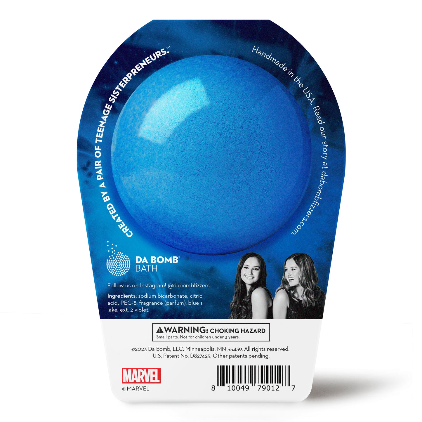 back of a blue bath bomb with blue avengers packaging 