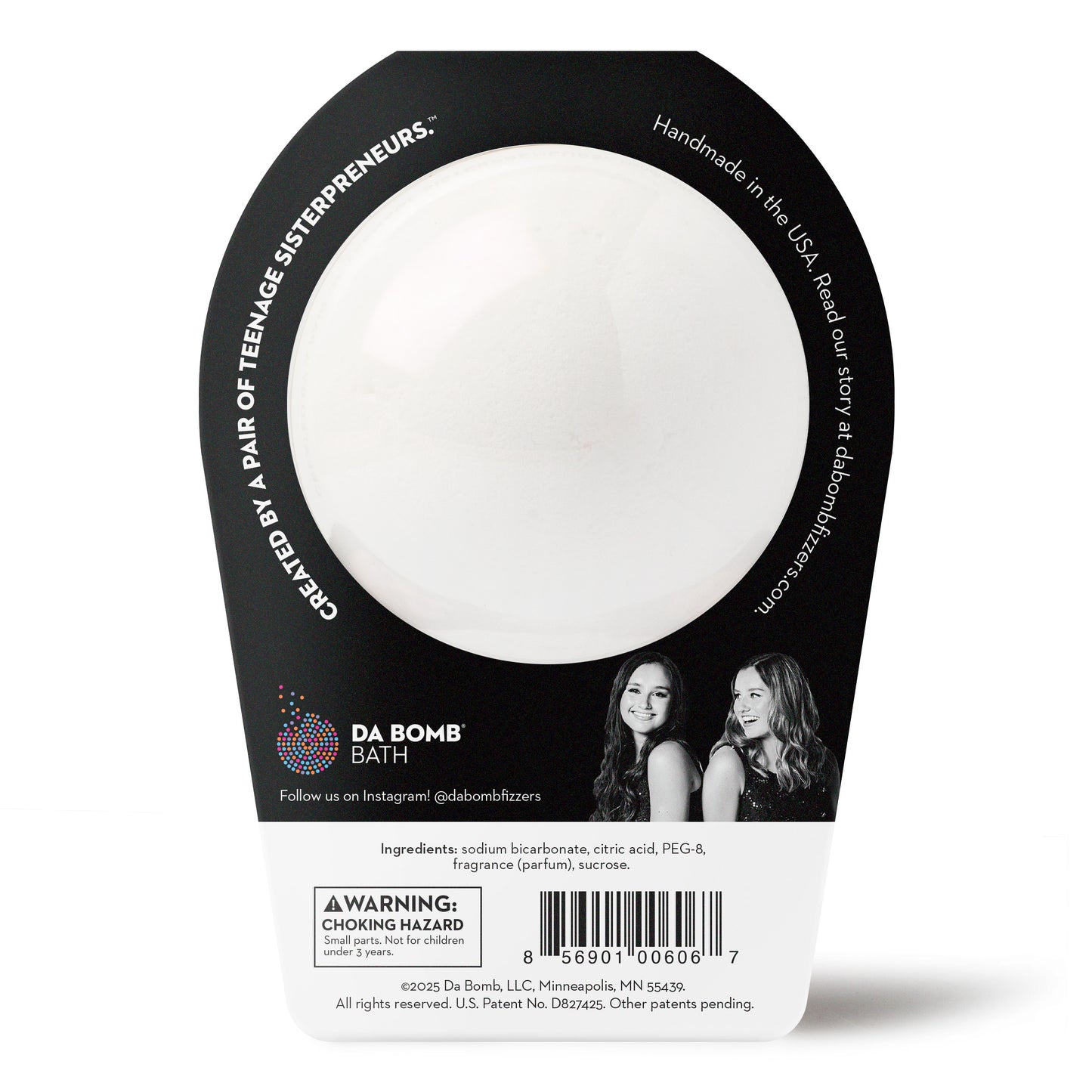 back of white da bomb bath bomb in black packaging