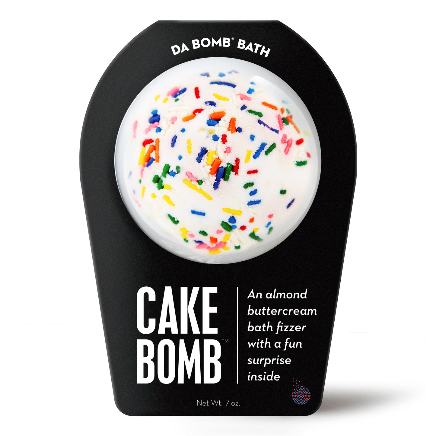 white bath bomb with sprinkles in black packaging