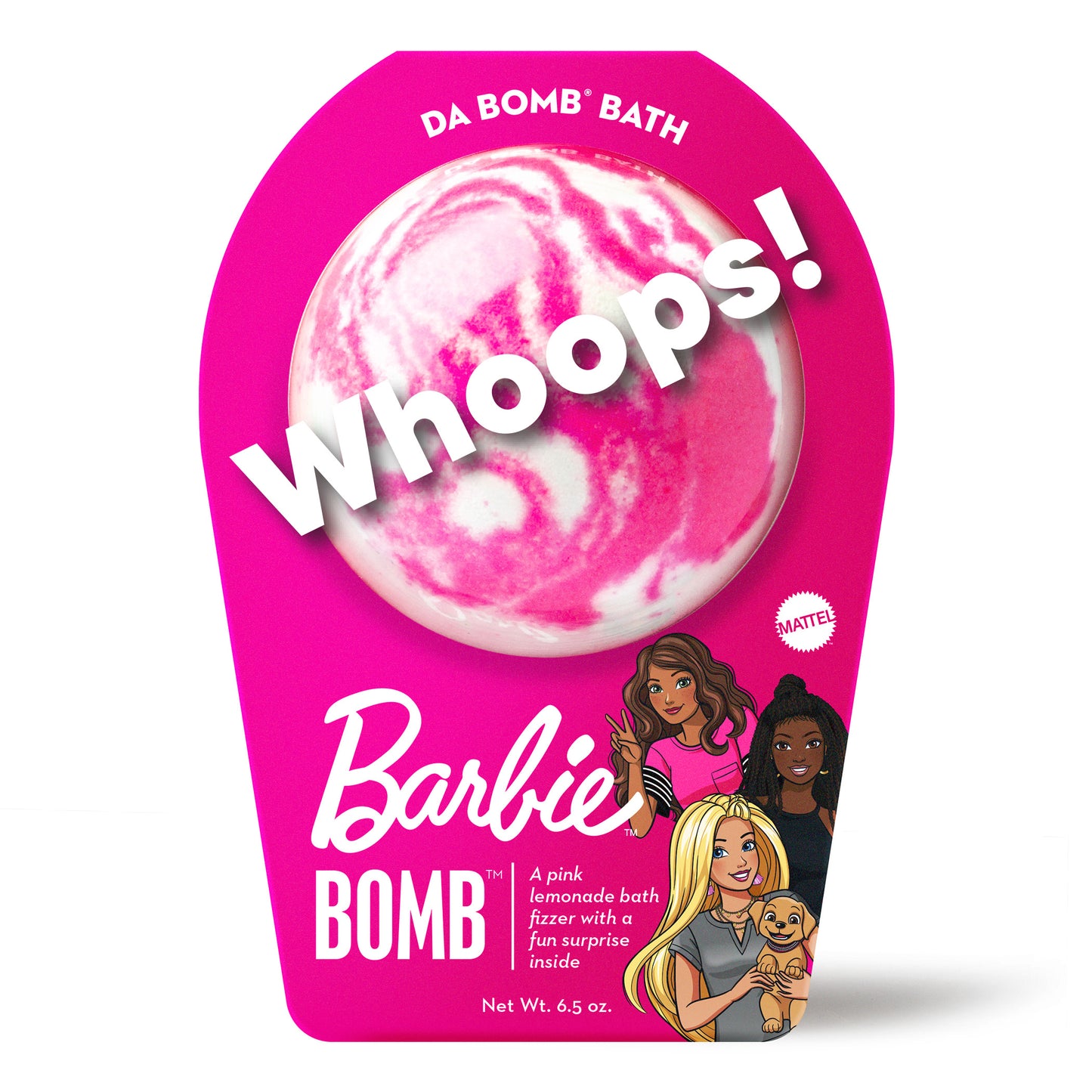 Whoops Barbie pink with white swirls bath bomb