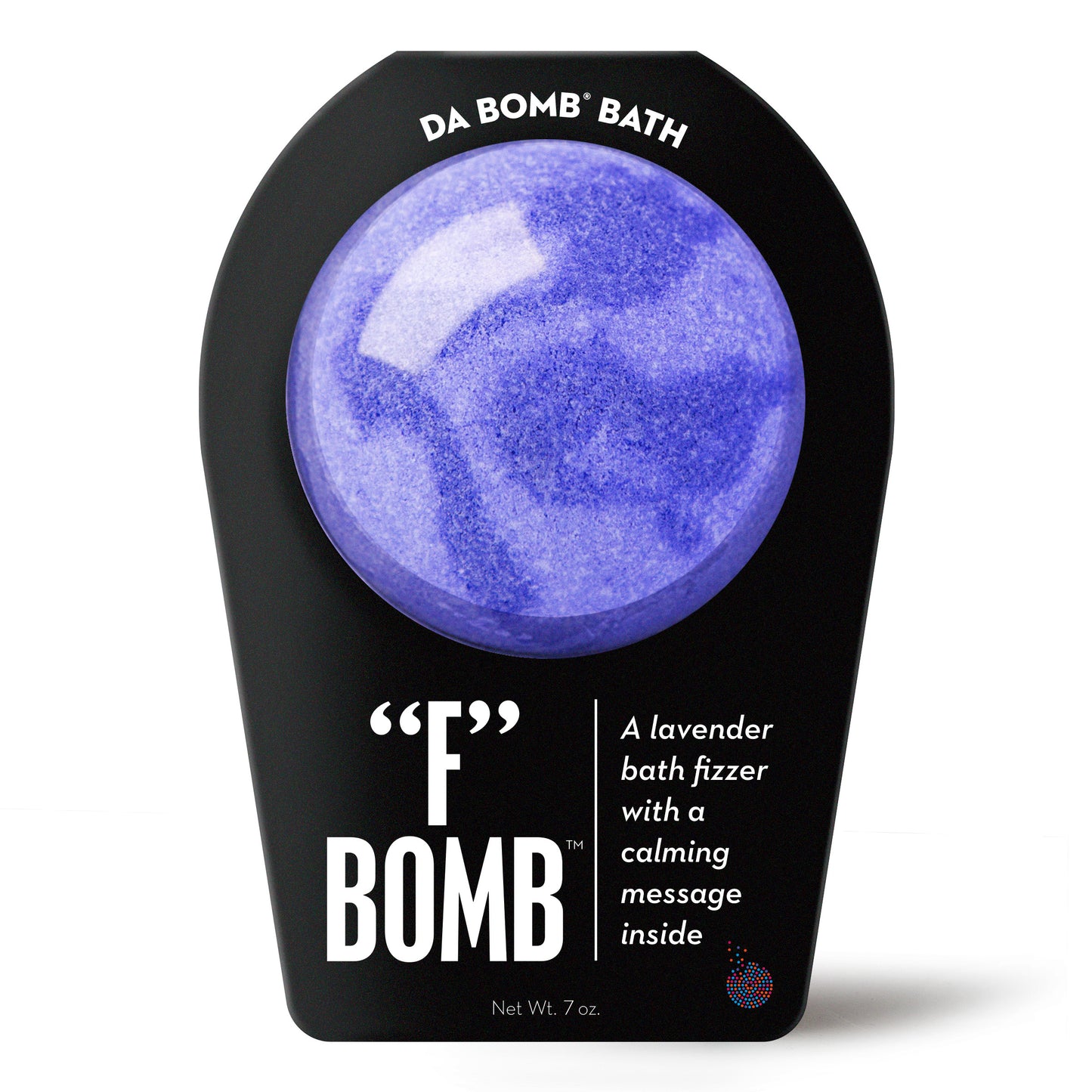 purple swirled bath bomb in black packaging
