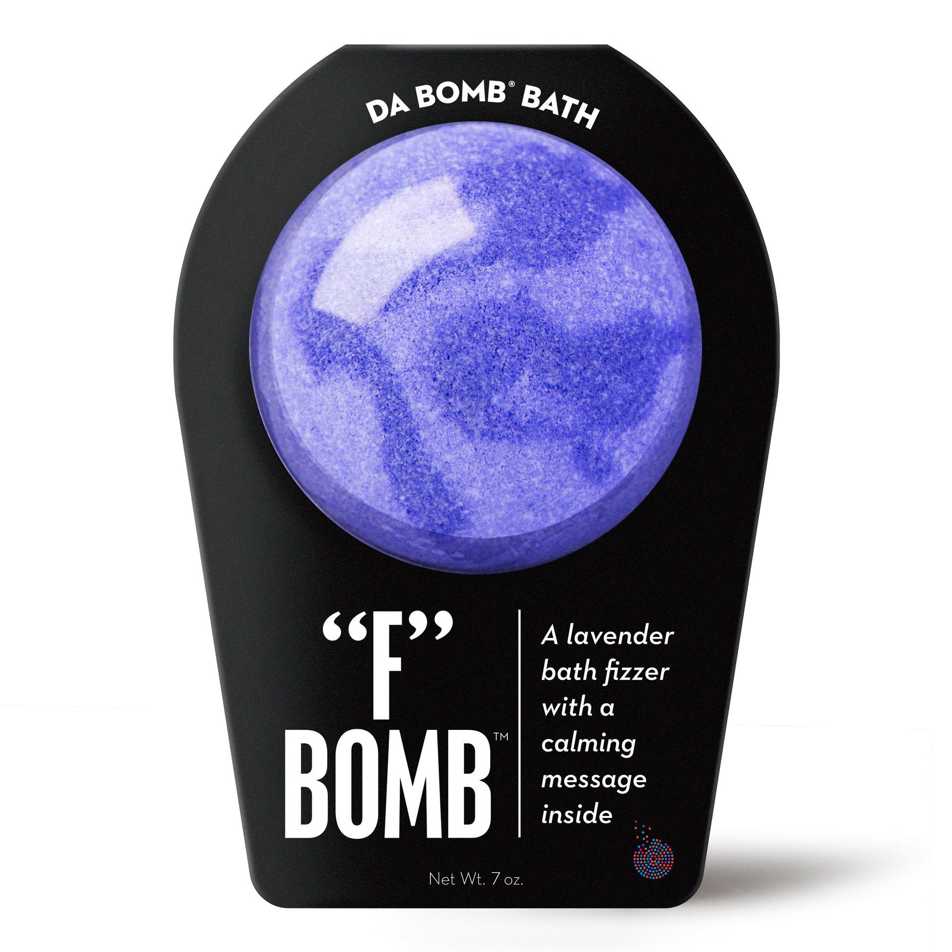 purple swirled bath bomb in black packaging